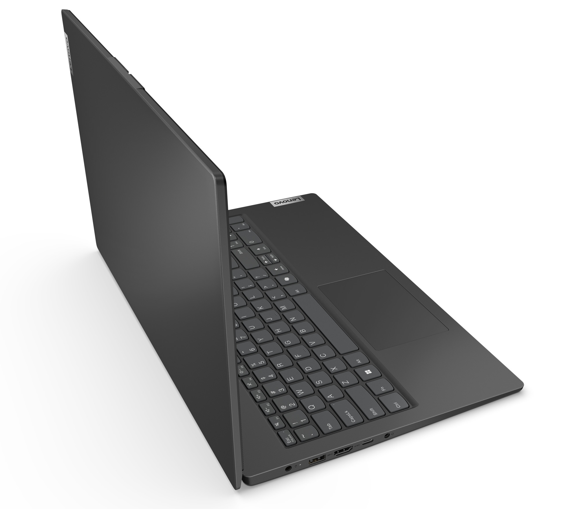 Ciemnoszary laptop, otwarty, z widoczną klawiaturą.