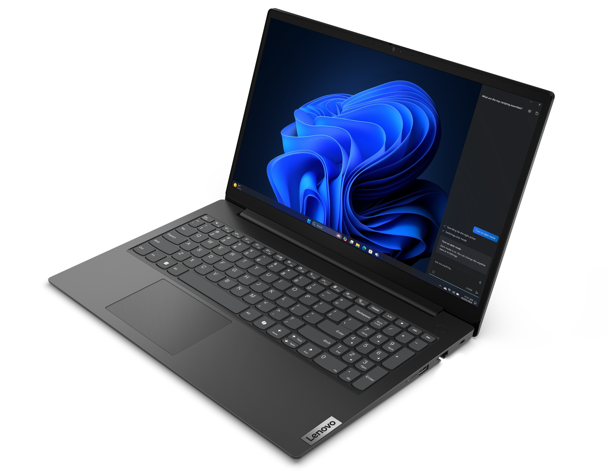 Ciemnoszary laptop z niebieską abstrakcyjną tapetą, otwarty na białej powierzchni.