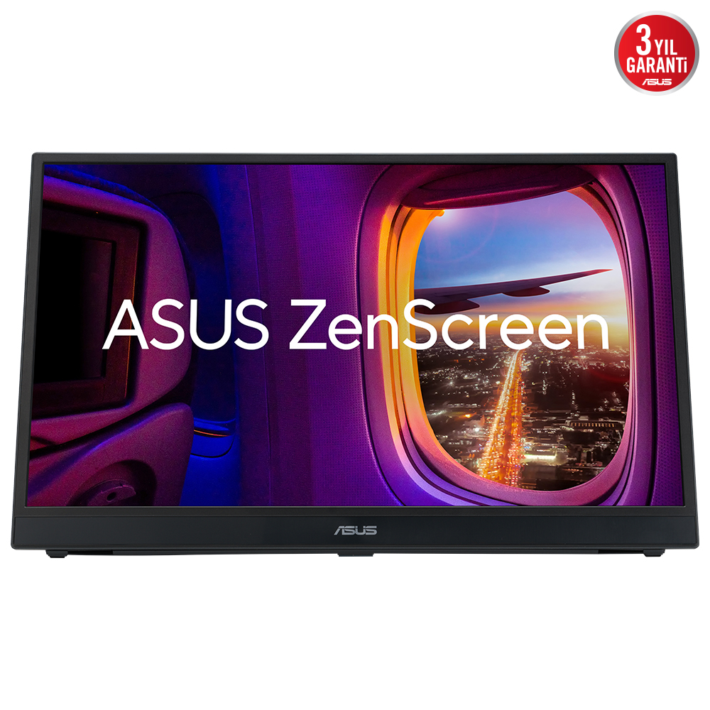 ASUS ZenScreen monitör, bir pencereden uçak görünümü, siyah çerçeve ve bir logo görüntülüyor.