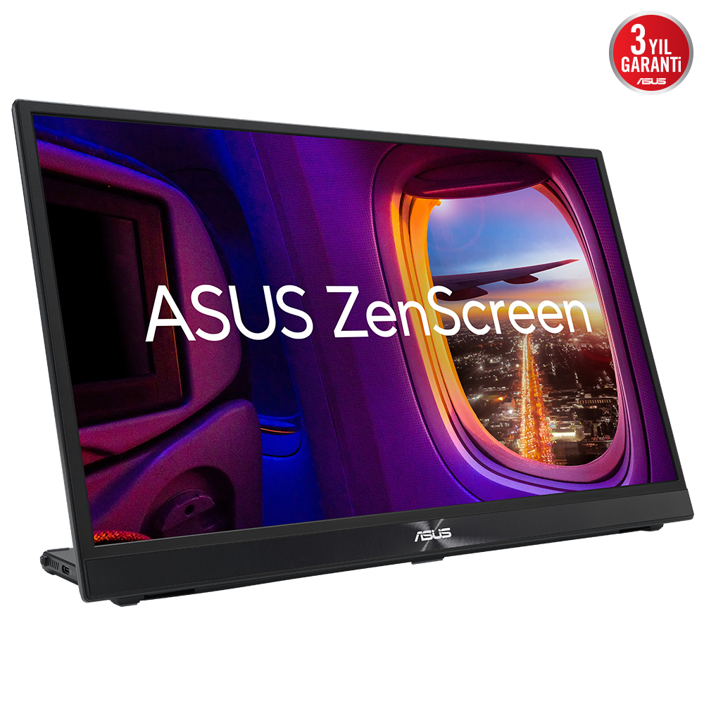 ASUS ZenScreen monitör, bir pencereden uçak görünümü, siyah çerçeve ve bir logo görüntülüyor.