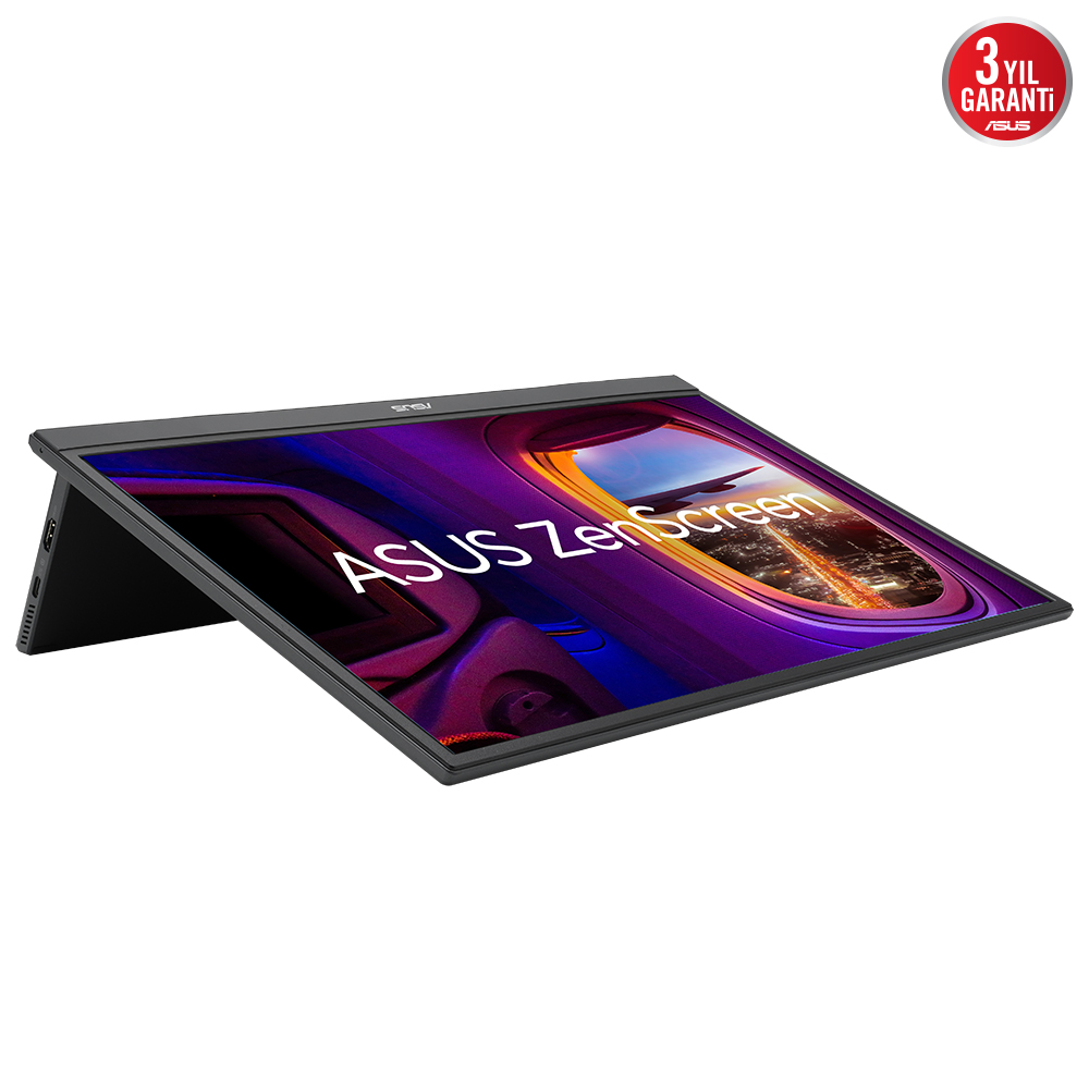 Siyah ASUS ZenScreen monitör, açılı. Gece sahnesini gösteriyor. Siyah stand.