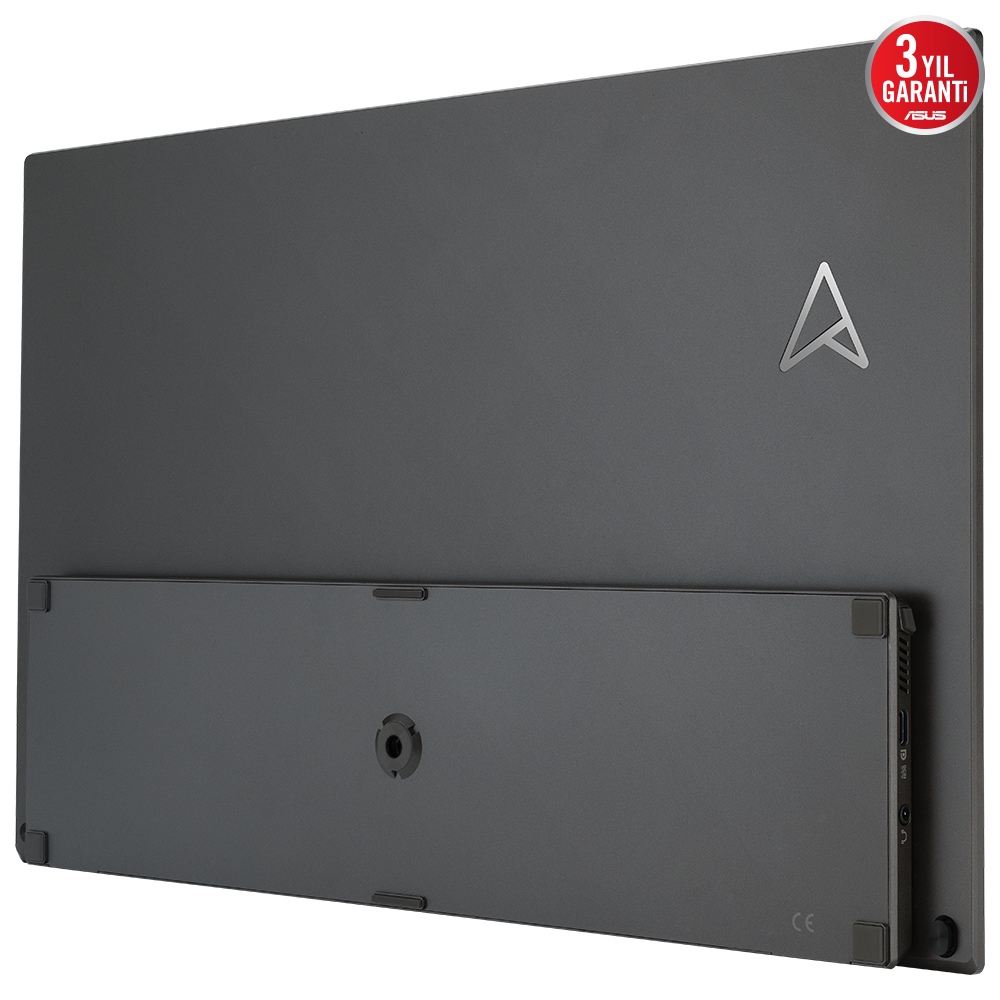 Asus logosu ve garanti bilgileri bulunan koyu gri bir monitörün arkası.