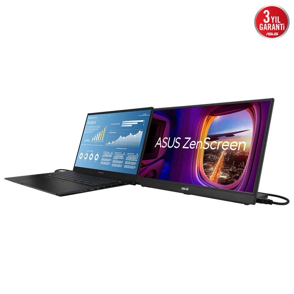 Dizüstü bilgisayar ve ASUS ZenScreen monitör yan yana, dizüstü bilgisayar ekranında analiz gösteriyor.