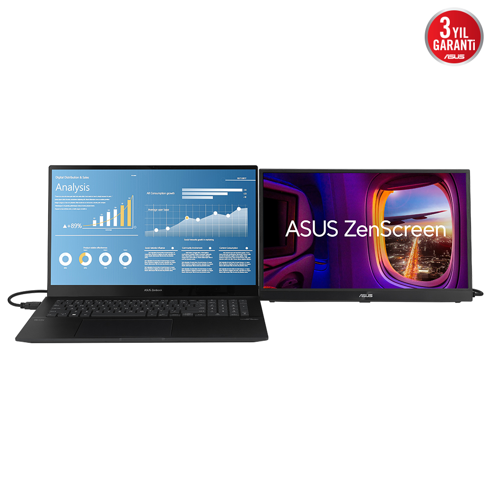 Dizüstü bilgisayar ve ASUS ZenScreen monitör yan yana, dizüstü bilgisayarda bir analiz görüntüleniyor.