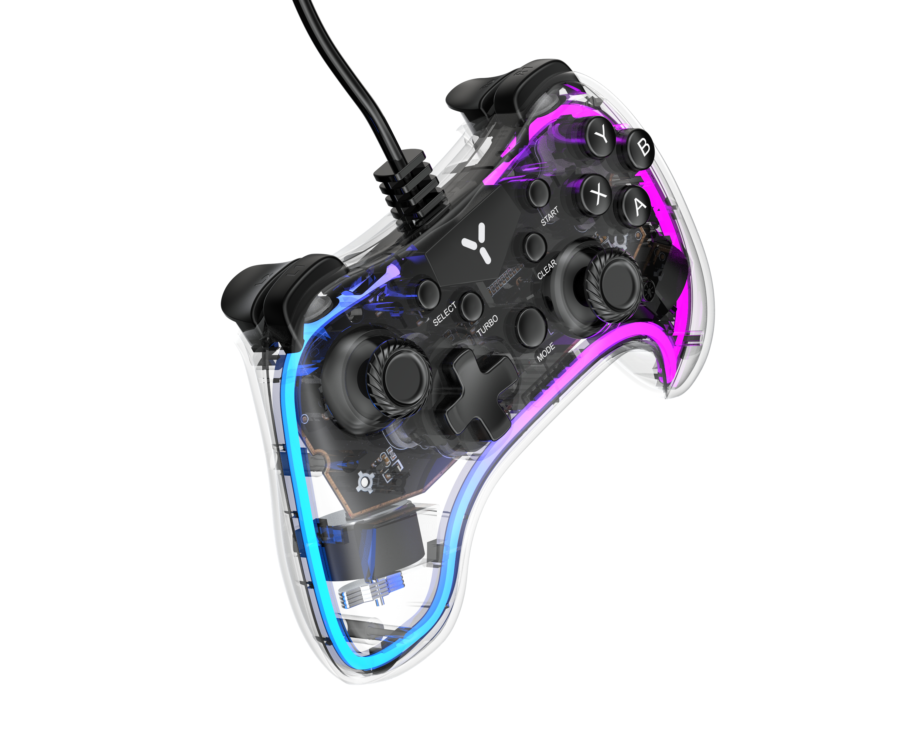 Transparenter Gaming-Controller mit leuchtenden Lichtern, abgewinkelt, isoliert auf weißem Grund.