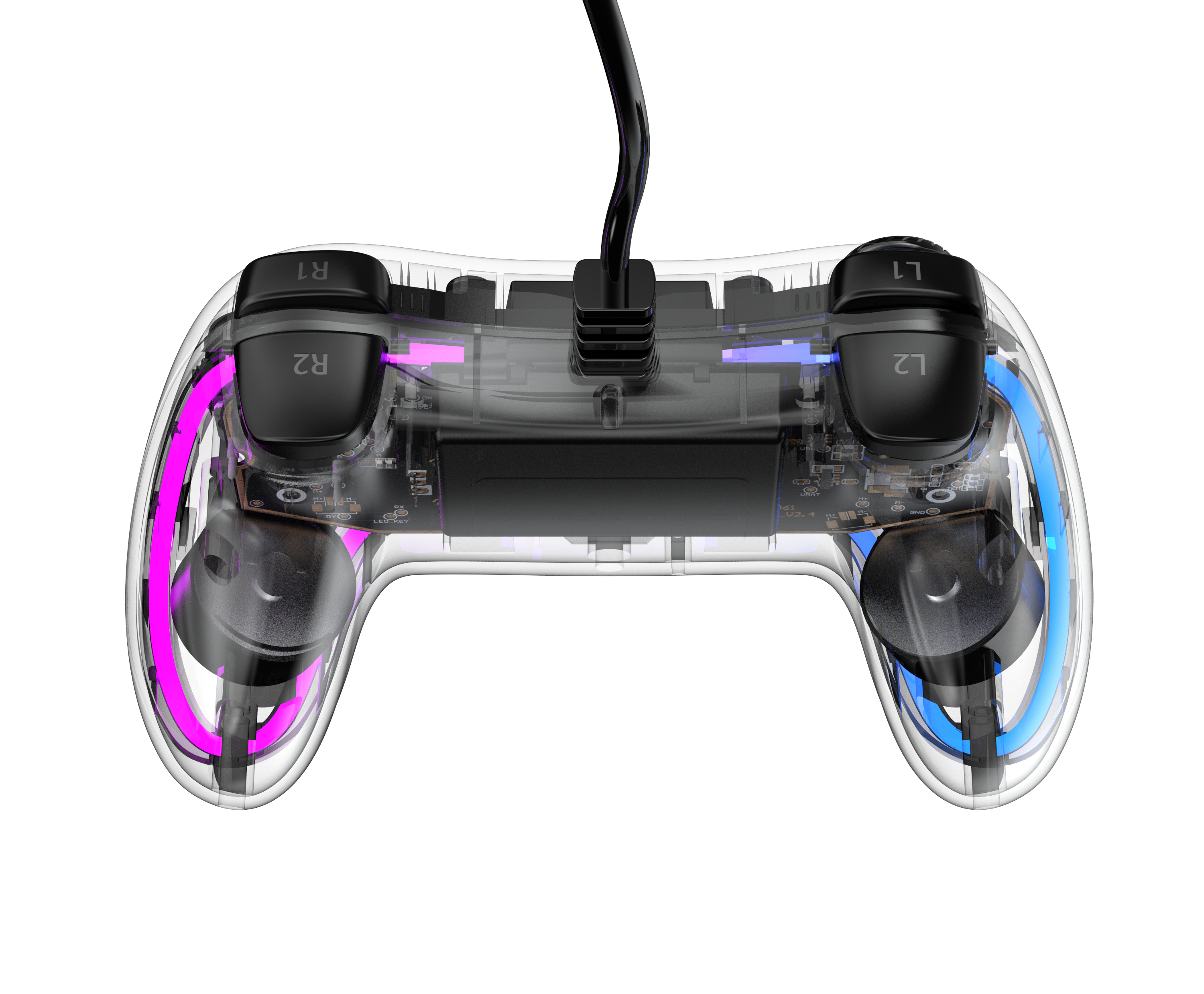 Transparenter Gamecontroller mit Innenkomponenten auf weißem Grund.