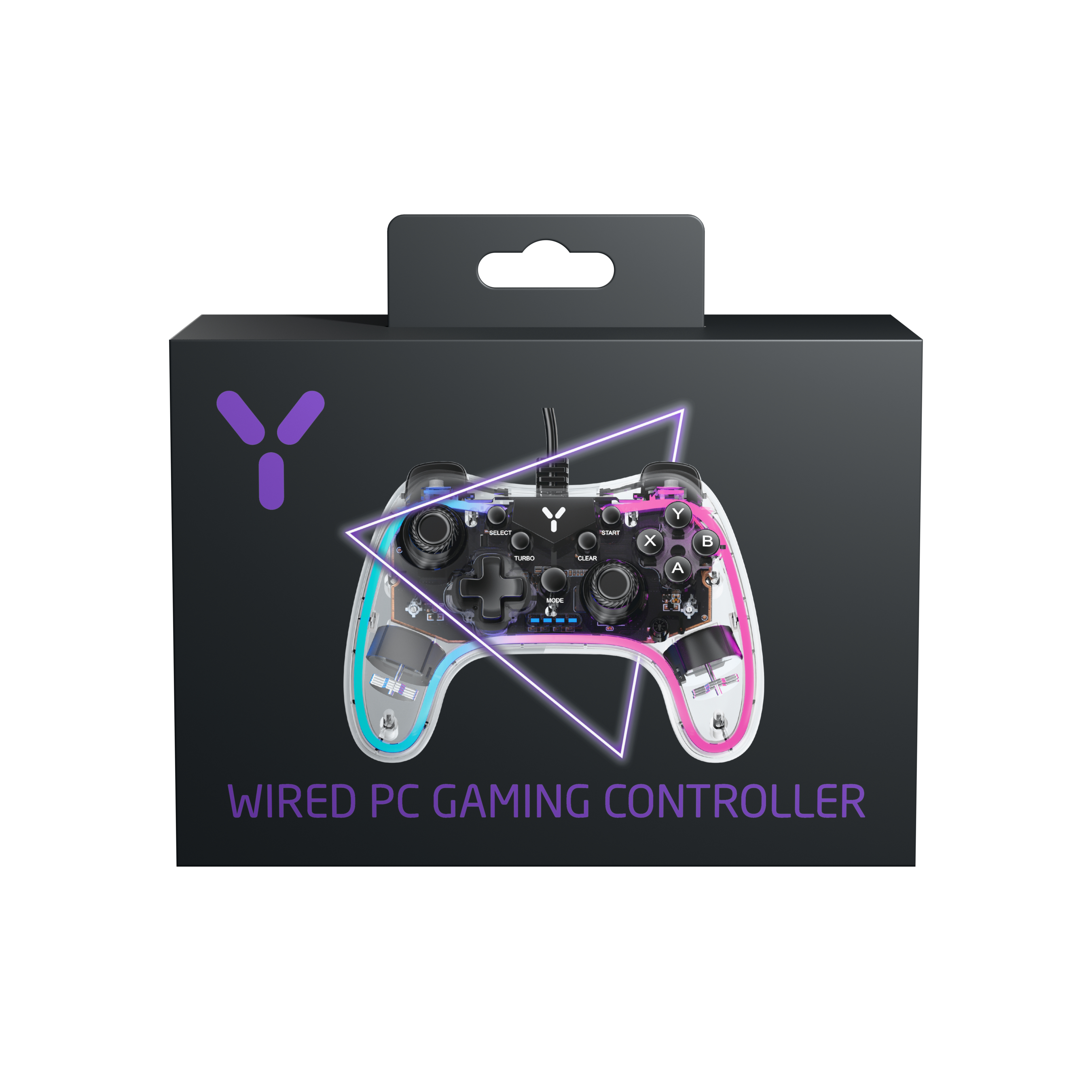 Box mit transparentem Gaming-Controller mit leuchtenden Lichtern, auf schwarzem Hintergrund.
