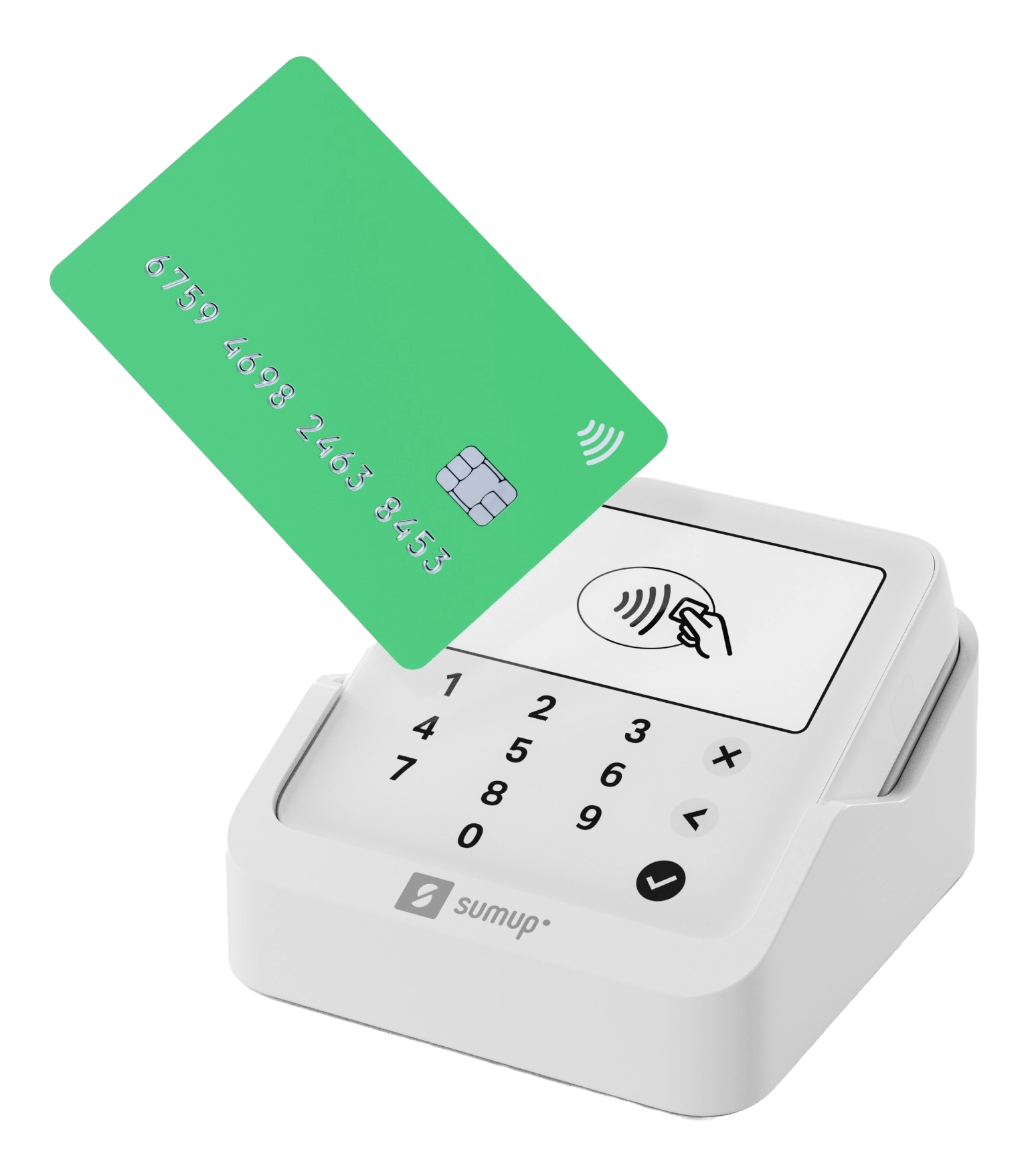 Un terminale di pagamento bianco con una carta di credito verde sopra. Ha una tastiera.