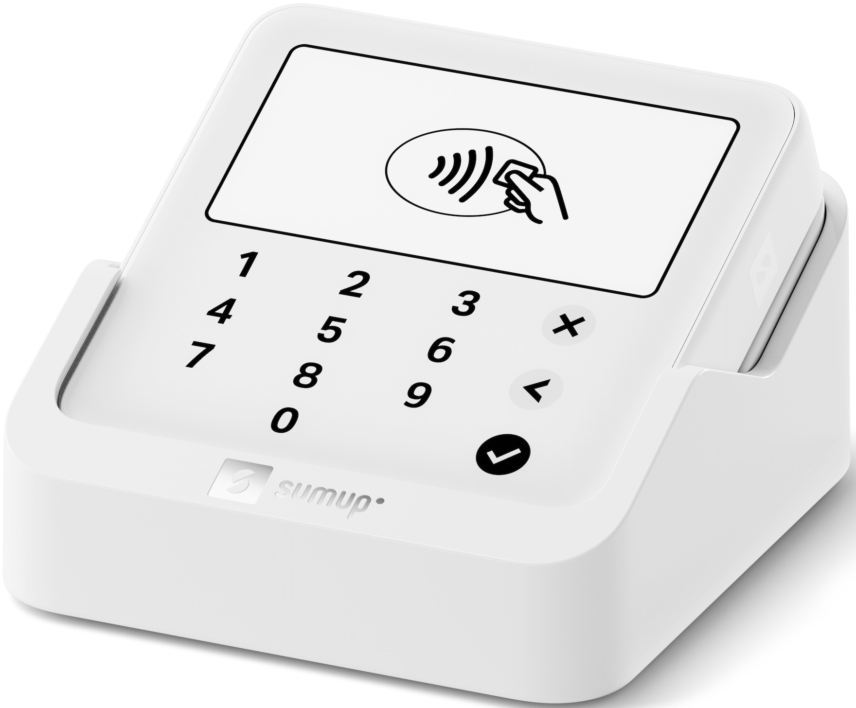 Terminale di pagamento bianco con tastierino e simbolo di pagamento contactless.