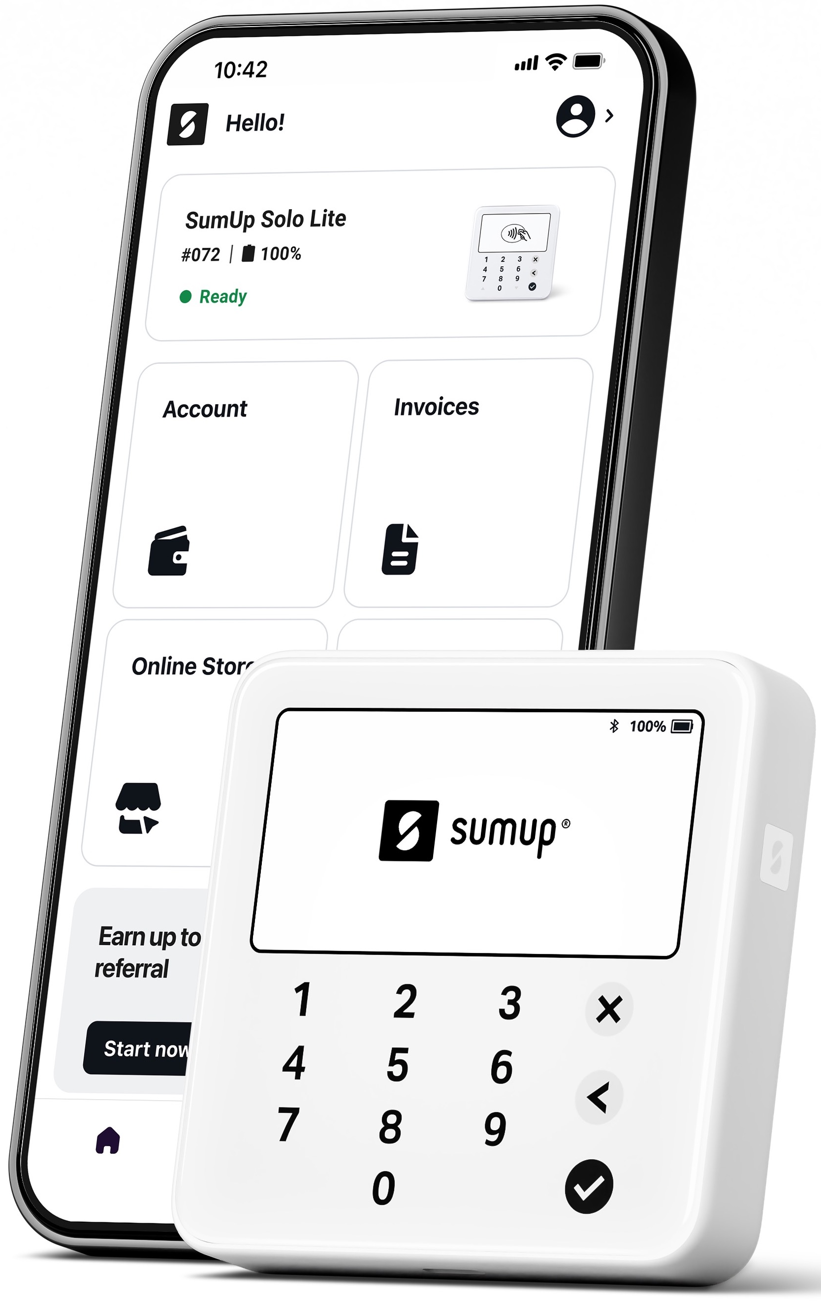 Uno smartphone e un terminale di pagamento bianco. Il telefono mostra l'interfaccia di un'app di pagamento.