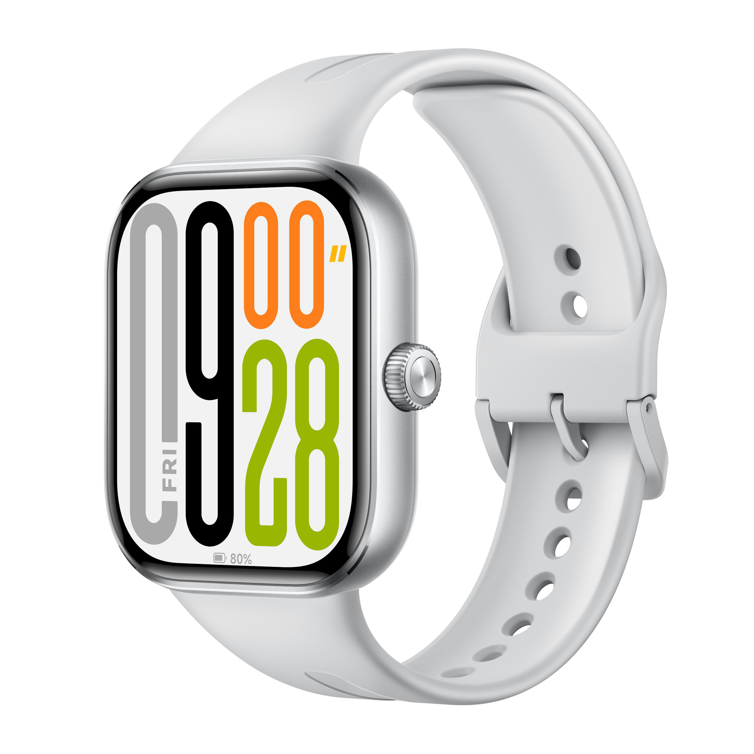 Weiße Smartwatch mit digitaler Zeitanzeige, vor weißem Hintergrund betrachtet.
