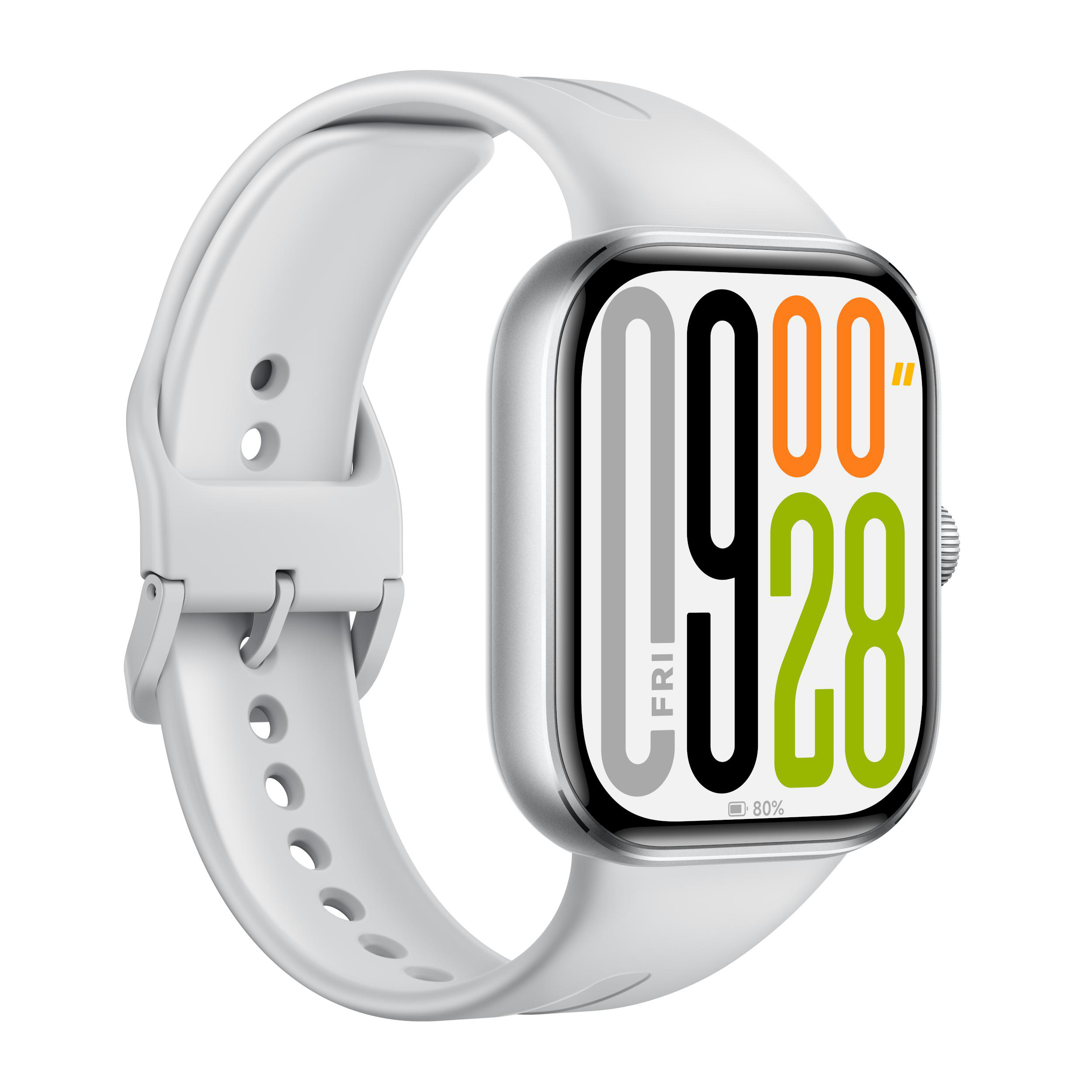 Weiße Smartwatch mit weißem Armband zeigt die Uhrzeit an. Der Bildschirm zeigt 9:00 und 28 an.