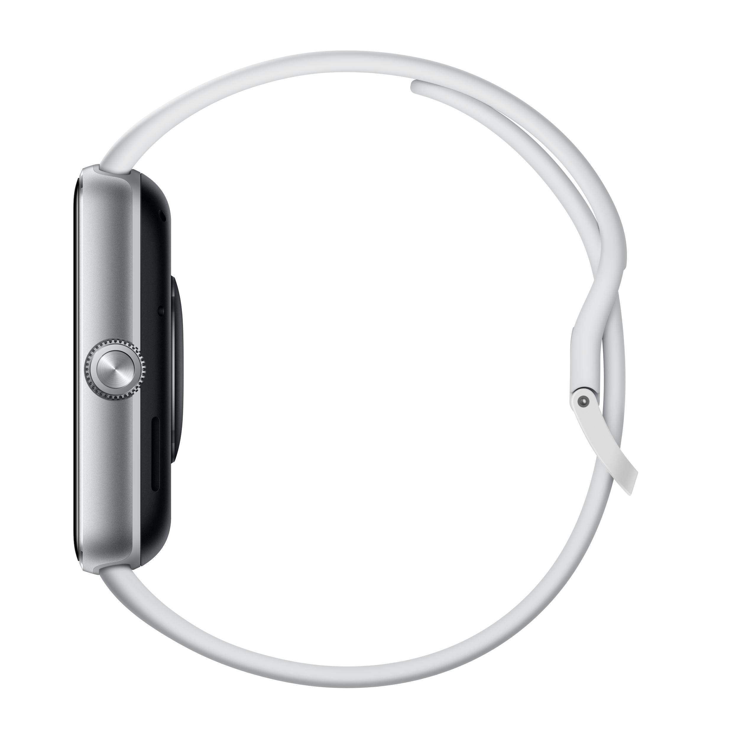 Seitenansicht einer weißen Smartwatch mit silbernem Rahmen und weißem Armband. Der Bildschirm ist schwarz.