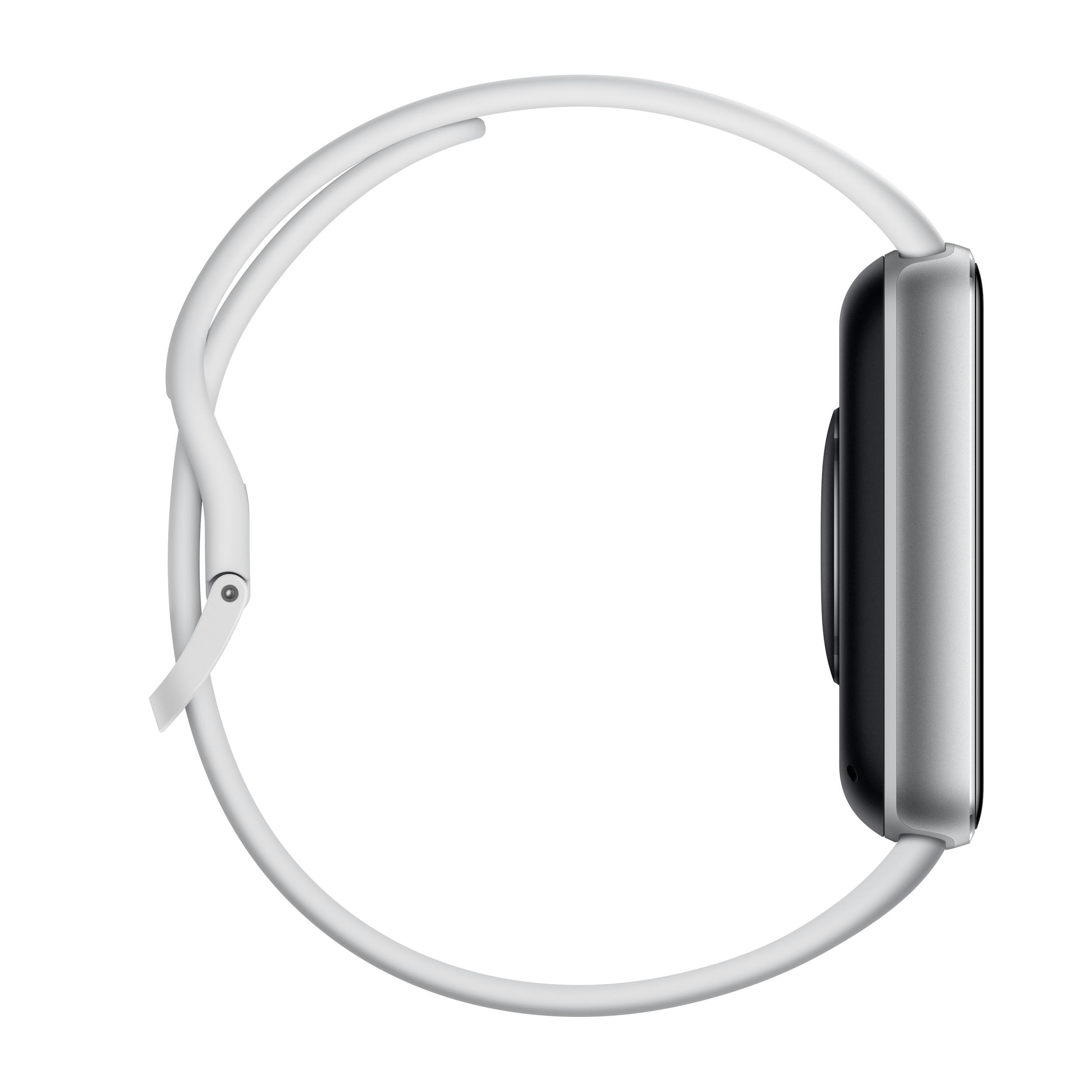 Seitenansicht einer weißen Smartwatch mit weißem Armband und silbernem Ziffernblatt.