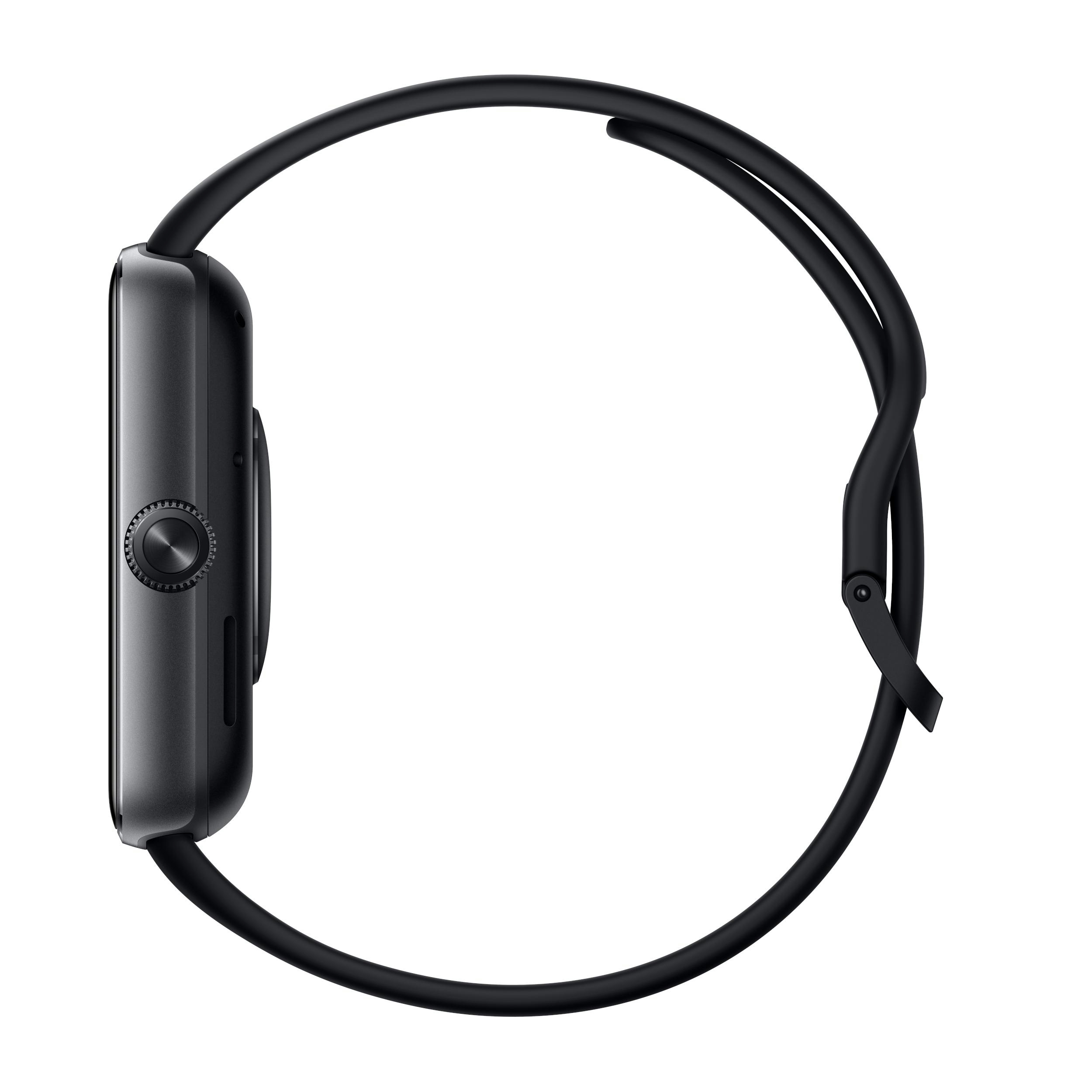 Schwarze Smartwatch mit schwarzem Armband, von der Seite gesehen.