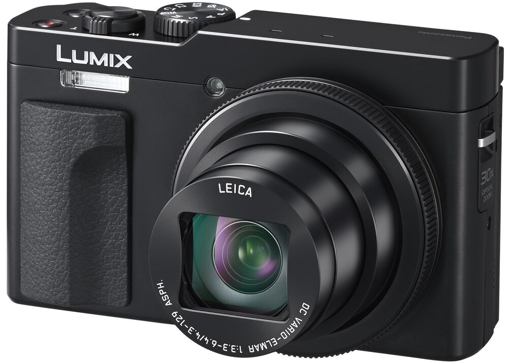 Fekete Leica kamera, 30x-os optikai zoom. Fényes lencse és vaku. Fekete markolat. Ezüst részletek.