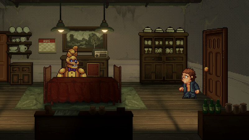 Imagen pixelada de una habitación con una mesa y un animatrónico de conejo dorado. Un niño está en la puerta.