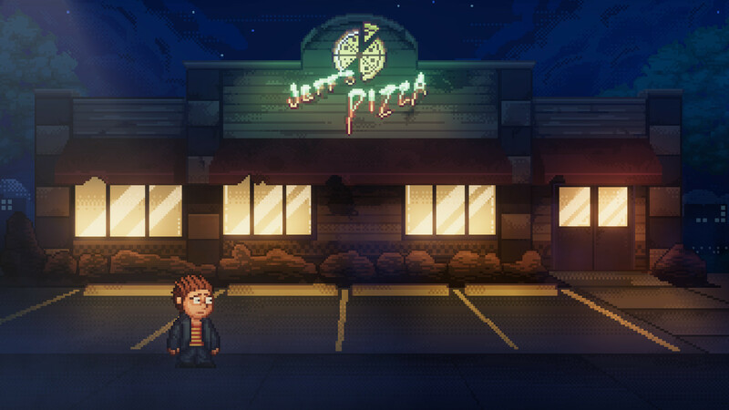 Una imagen pixelada de un restaurante Jerrys Pizza por la noche. Una persona está de pie afuera.