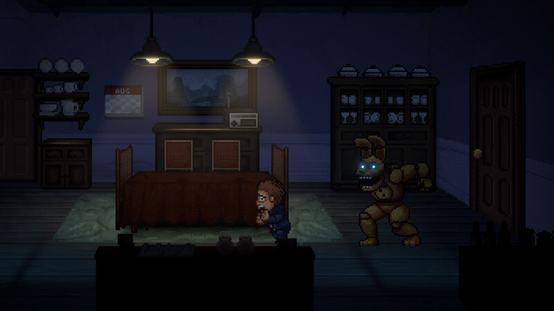 Escena pixelada: un hombre aterrorizado es perseguido por un amenazante personaje Springtrap pixelado.