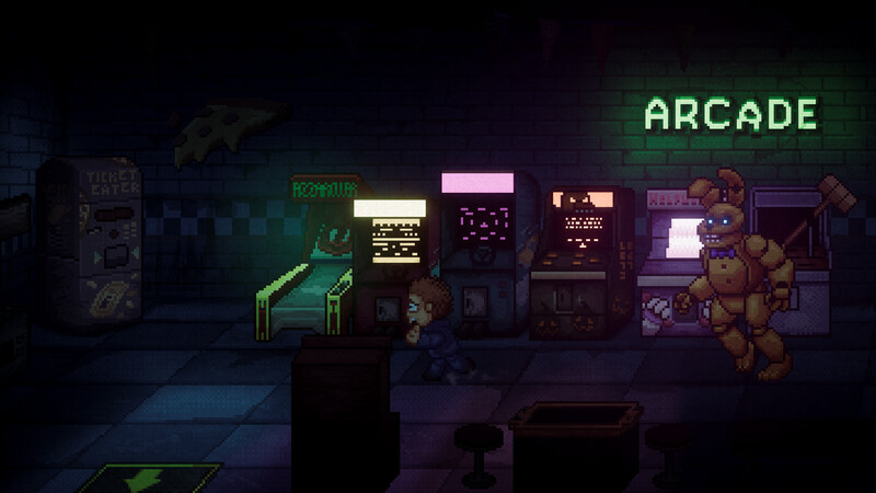 Escena de arcade por la noche. Un niño huye de un conejo amarillo. El letrero de arcade está iluminado.