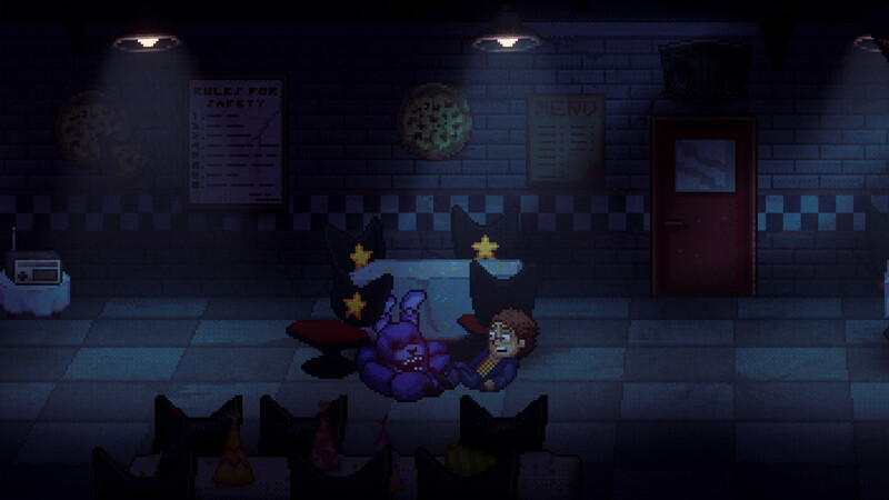 Escena pixelada de un hombre en un restaurante con un conejo.