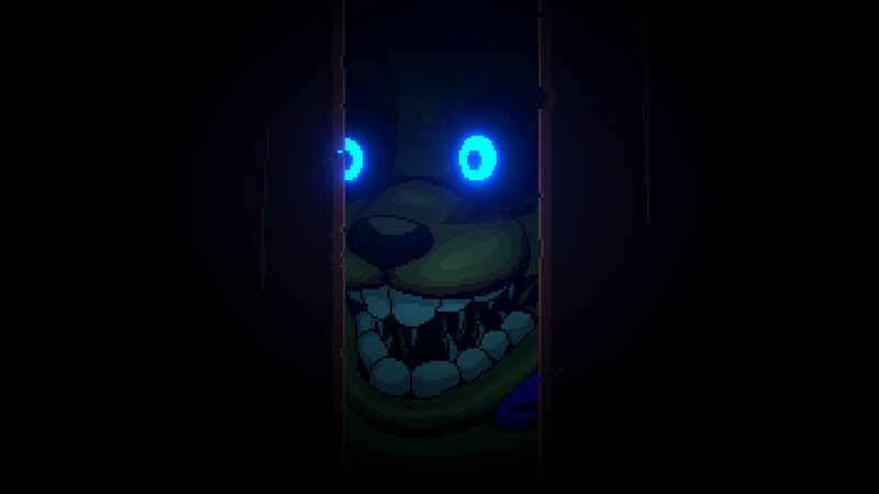 Una cara animatrónica verde y aterradora con ojos azules brillantes. La cara está en un espacio oscuro.