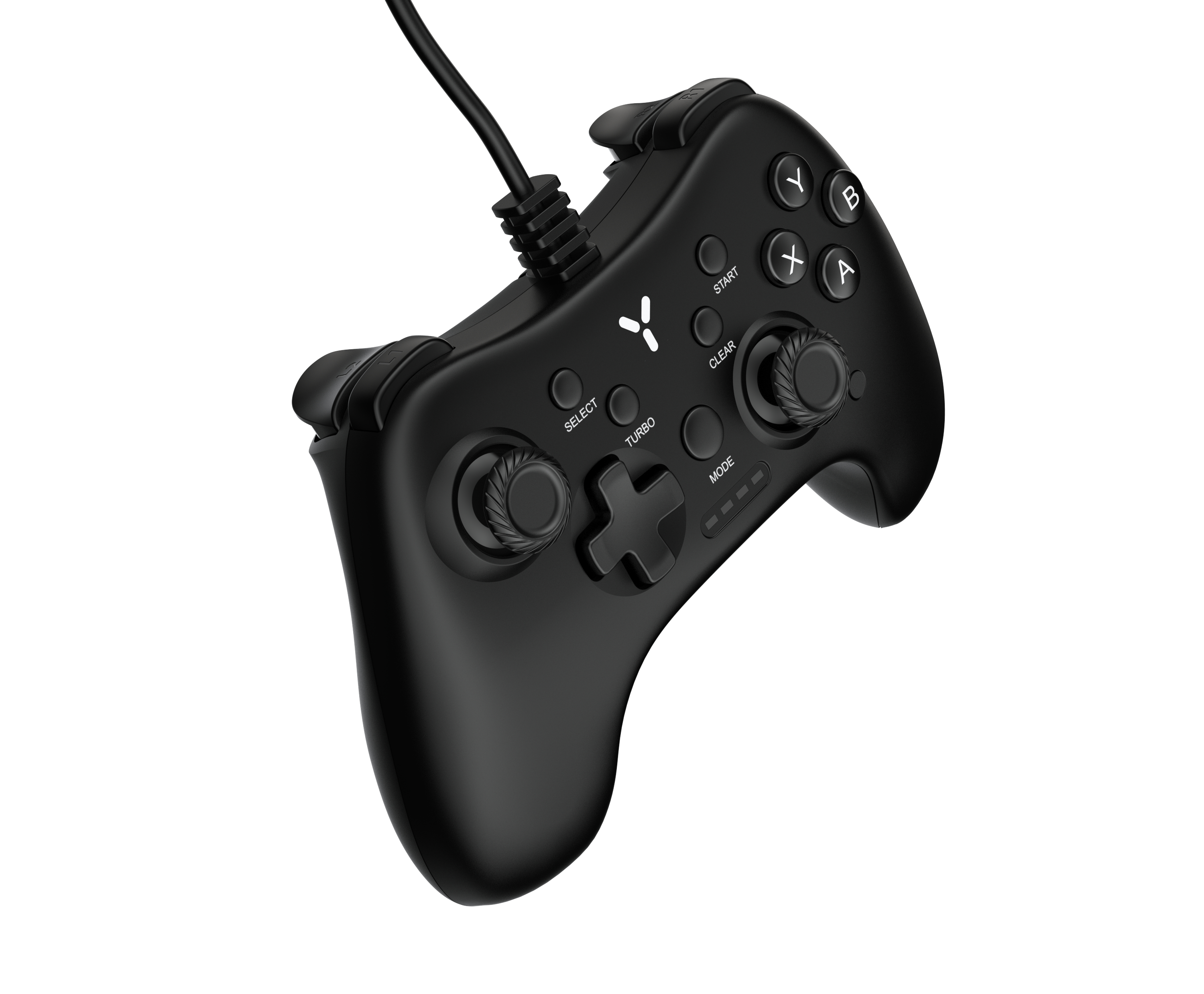 Schwarzer Game-Controller mit mehreren Tasten und Kabel vor weißem Hintergrund.