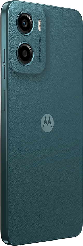 Egy türkiz Motorola telefon hátulja.