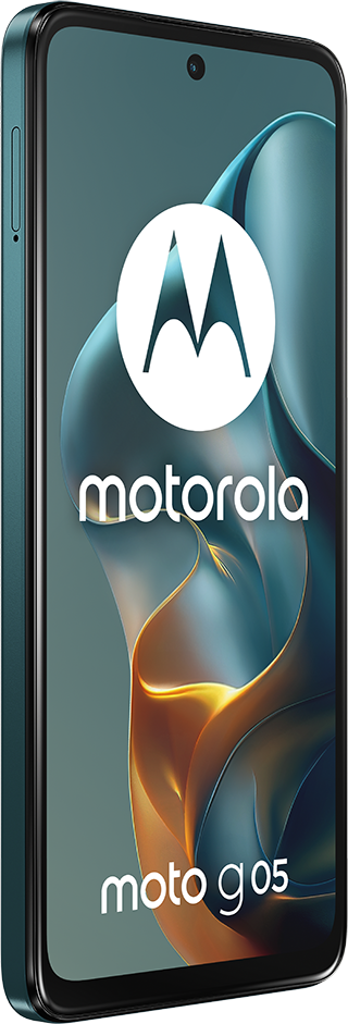 Motorola Moto g05 okostelefon. Türkiz telefon fekete kerettel, fehér Motorola logóval és modellnévvel.