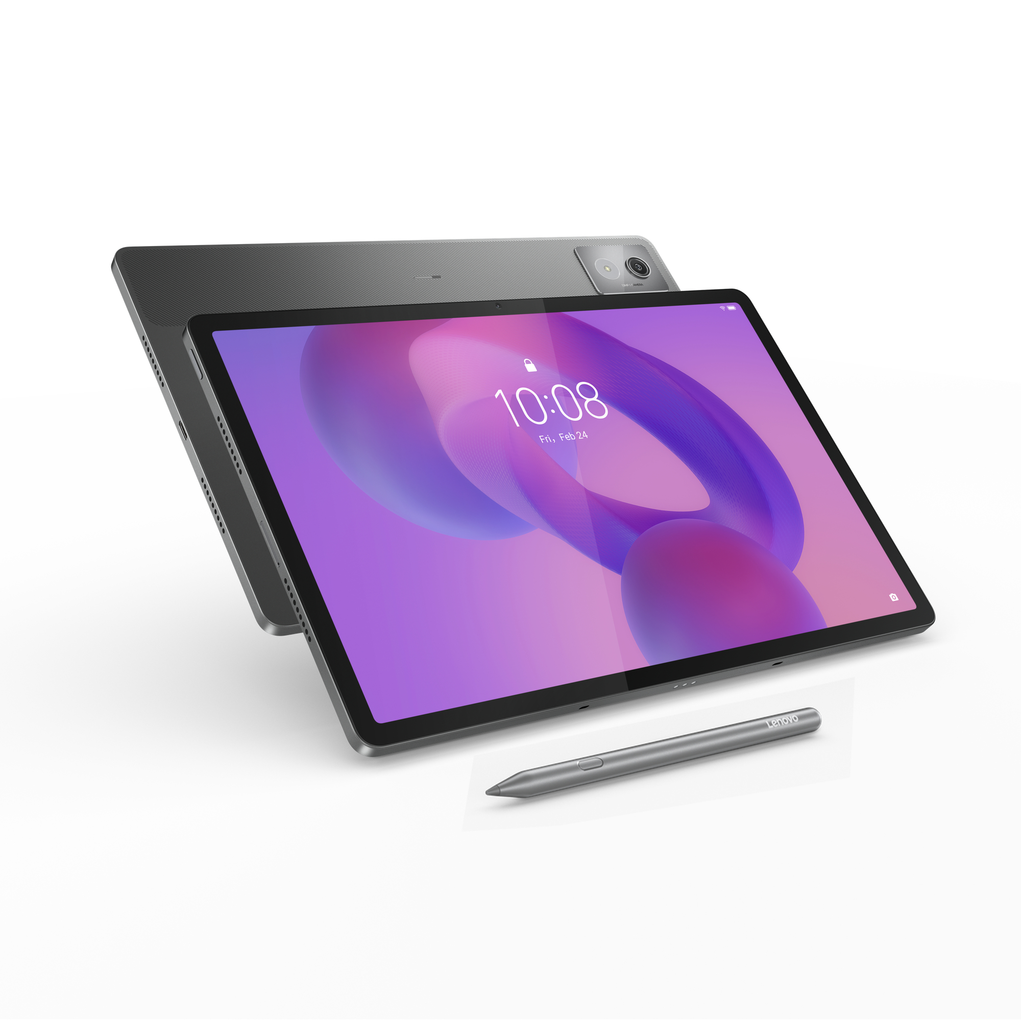 Ein Tablet und ein Stift vor weißem Hintergrund.