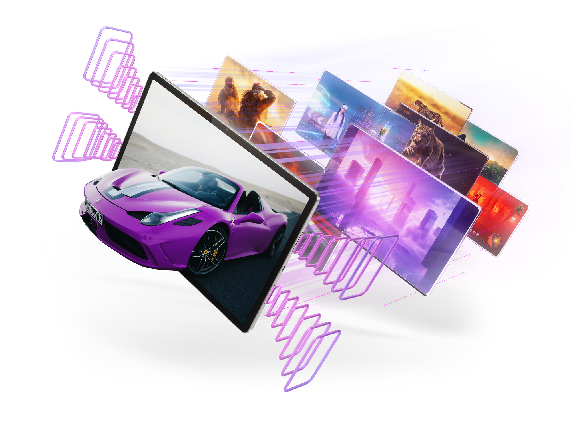 Tablets zeigen Bilder wie ein lila Auto. Digitale Linien und weißer Hintergrund.