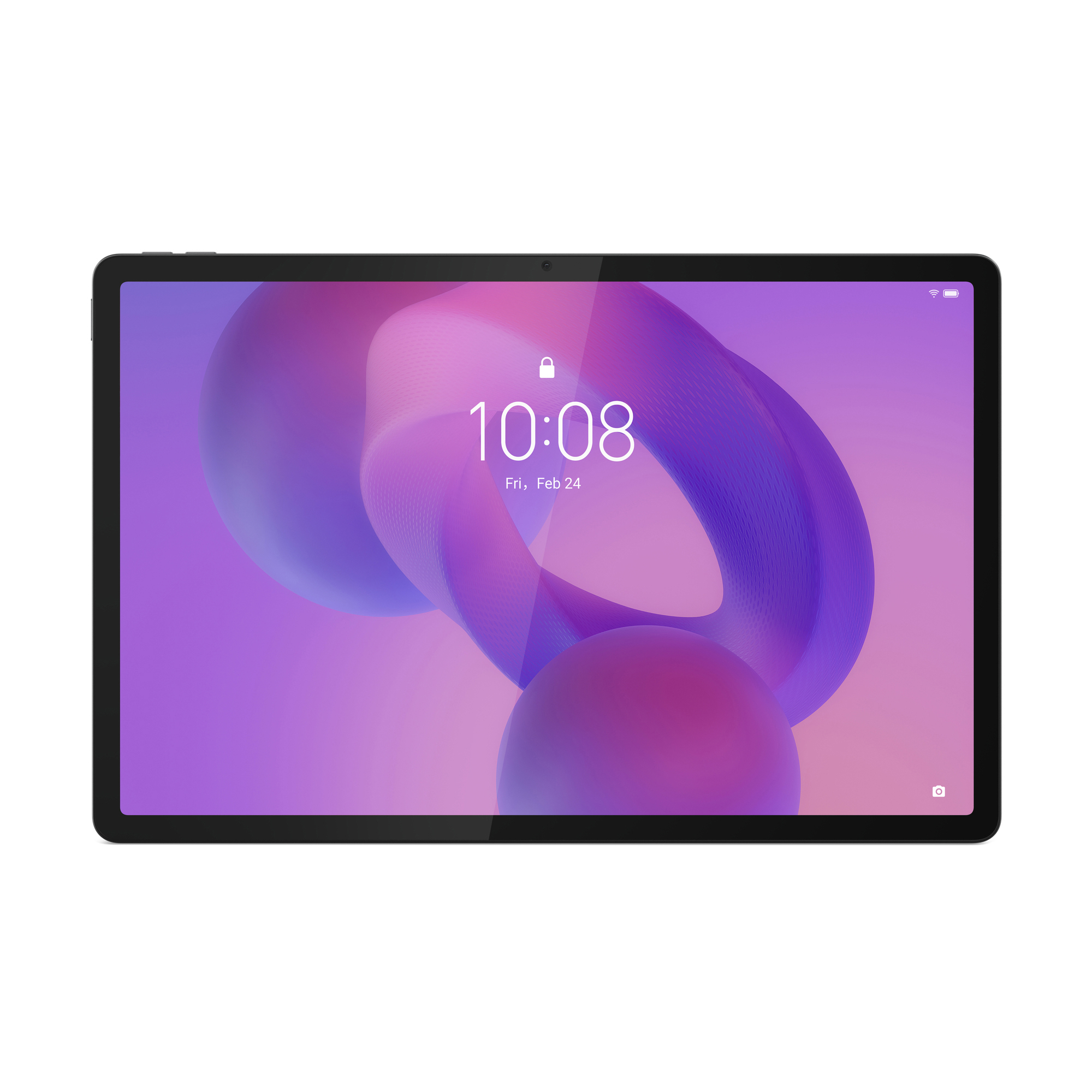Ein Tablet zeigt eine lila und rosa Grafik auf weißem Hintergrund.