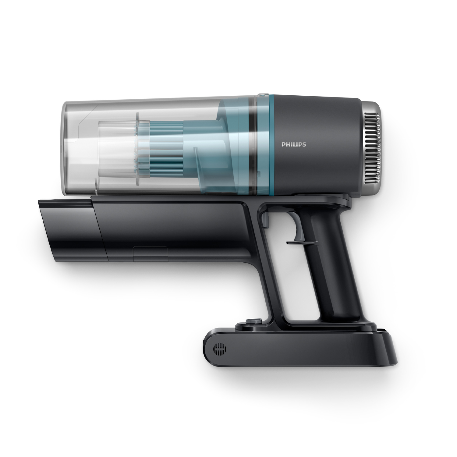Zwarte en grijze Philips draadloze stofzuiger. Heeft een transparante stofbak met turquoise interne componenten, op een witte achtergrond.