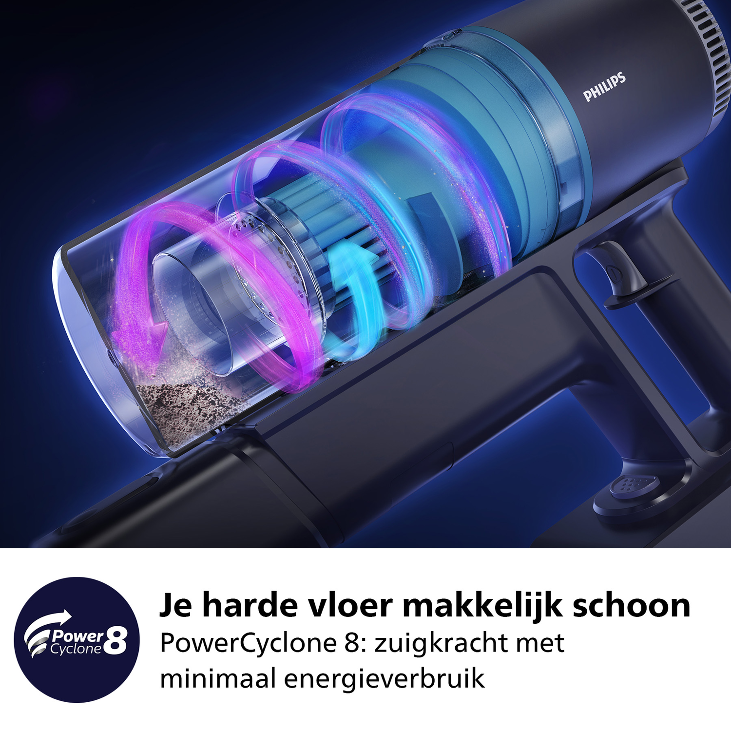 Een Philips PowerCyclone 8 stofzuiger met zichtbare luchtstroom, stof en tekst. De tekst luidt 'harde vloer gemakkelijk schoon'.