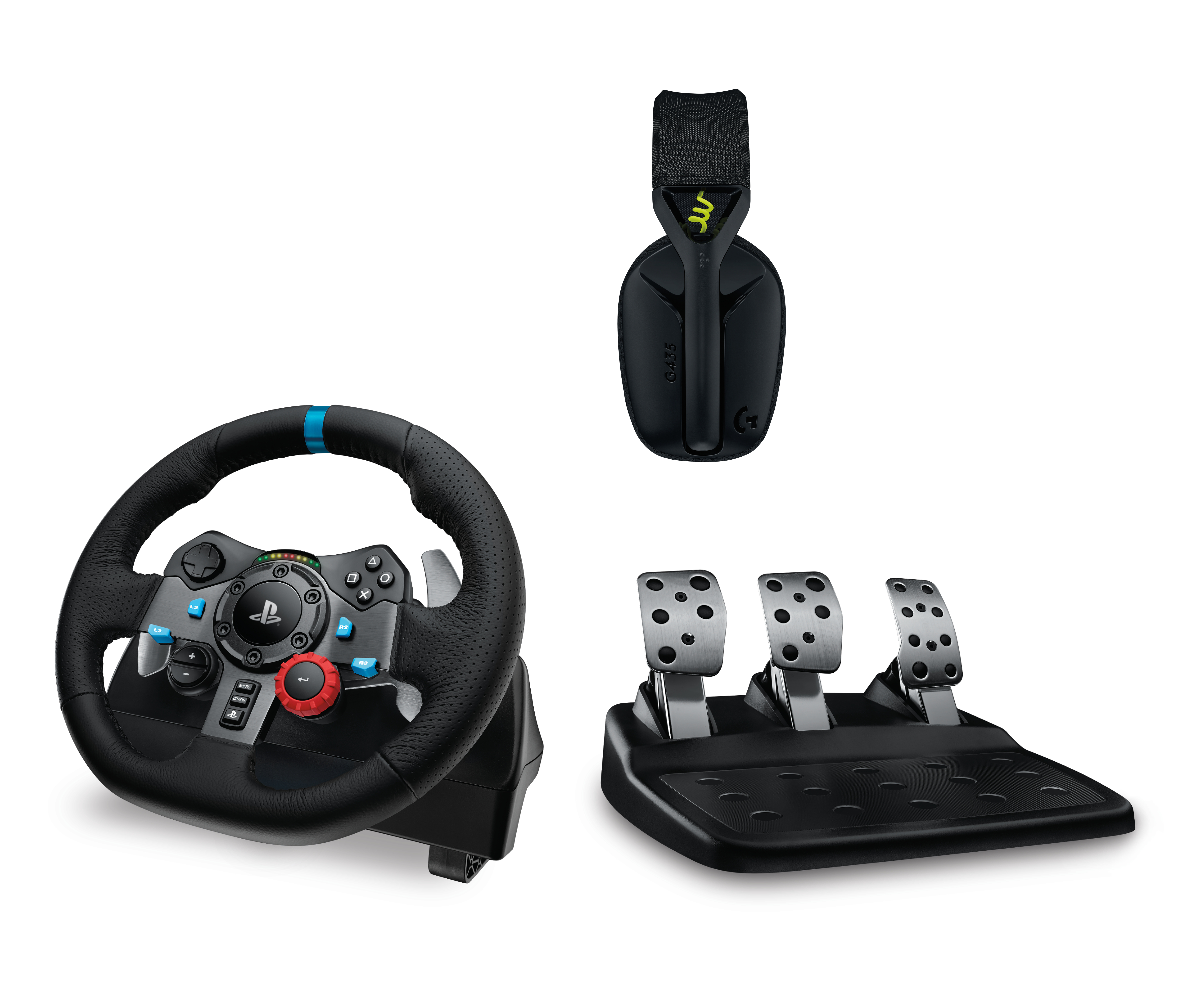 Gaming-Lenkrad, Pedale und Headset, weißer Hintergrund.