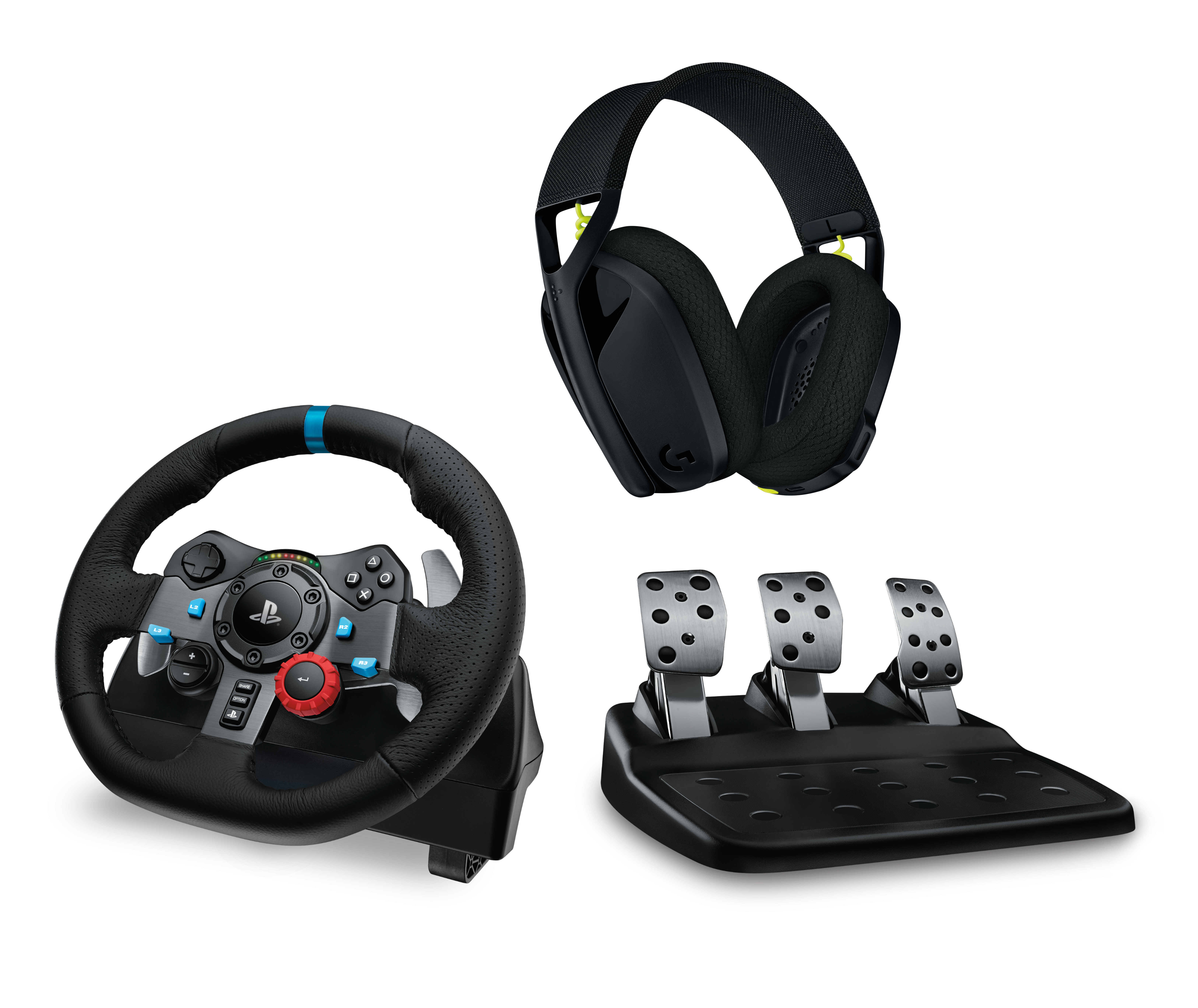 Gaming-Zubehör-Set: Lenkrad, Pedale und Headset.