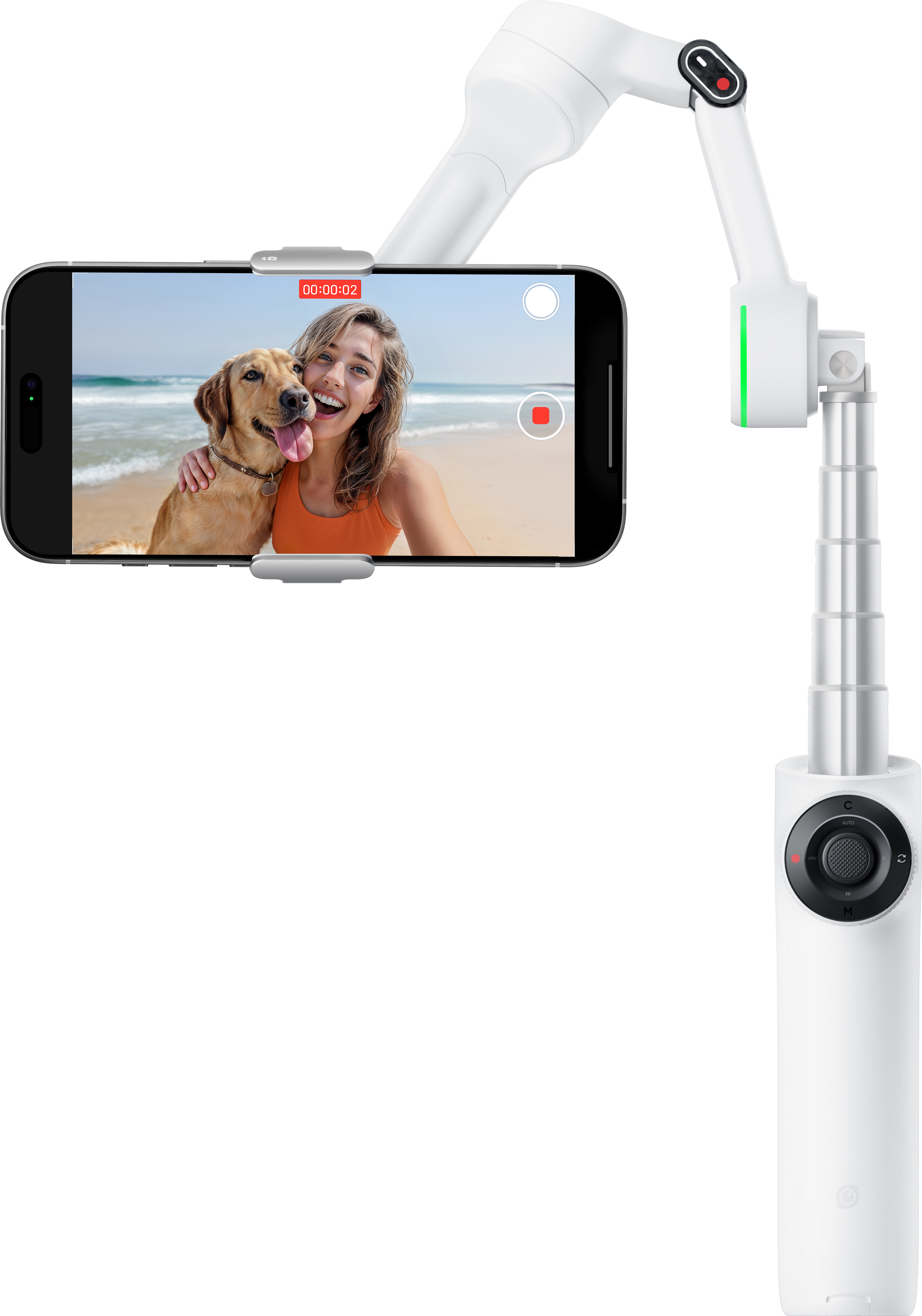 Perche à selfie blanche avec téléphone montrant femme et chien.