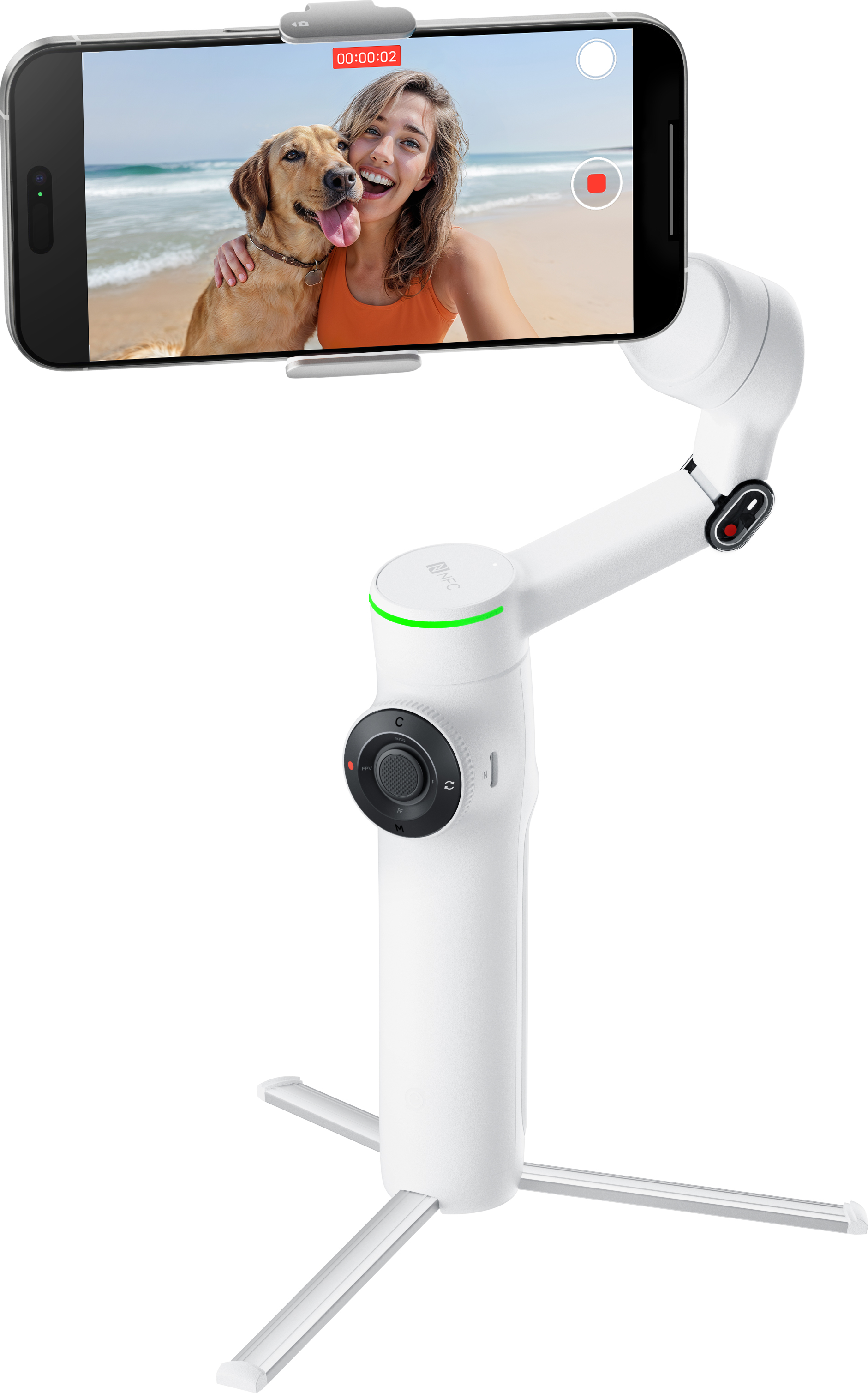 Gimbal blanc tenant un téléphone avec vidéo selfie.