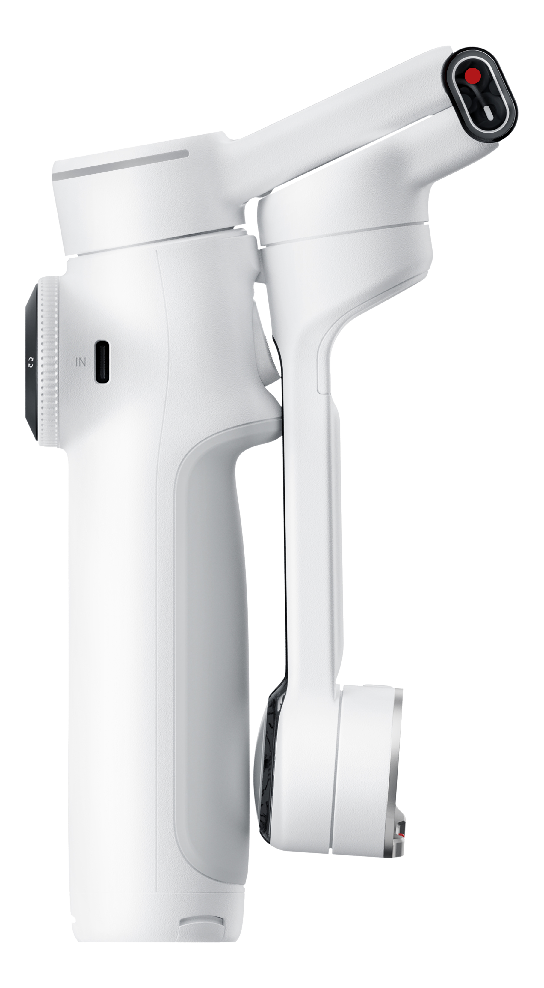 Stabilisateur de cardan portable blanc. Il a un bouton d'enregistrement rouge et un port 'IN'. Fond noir.