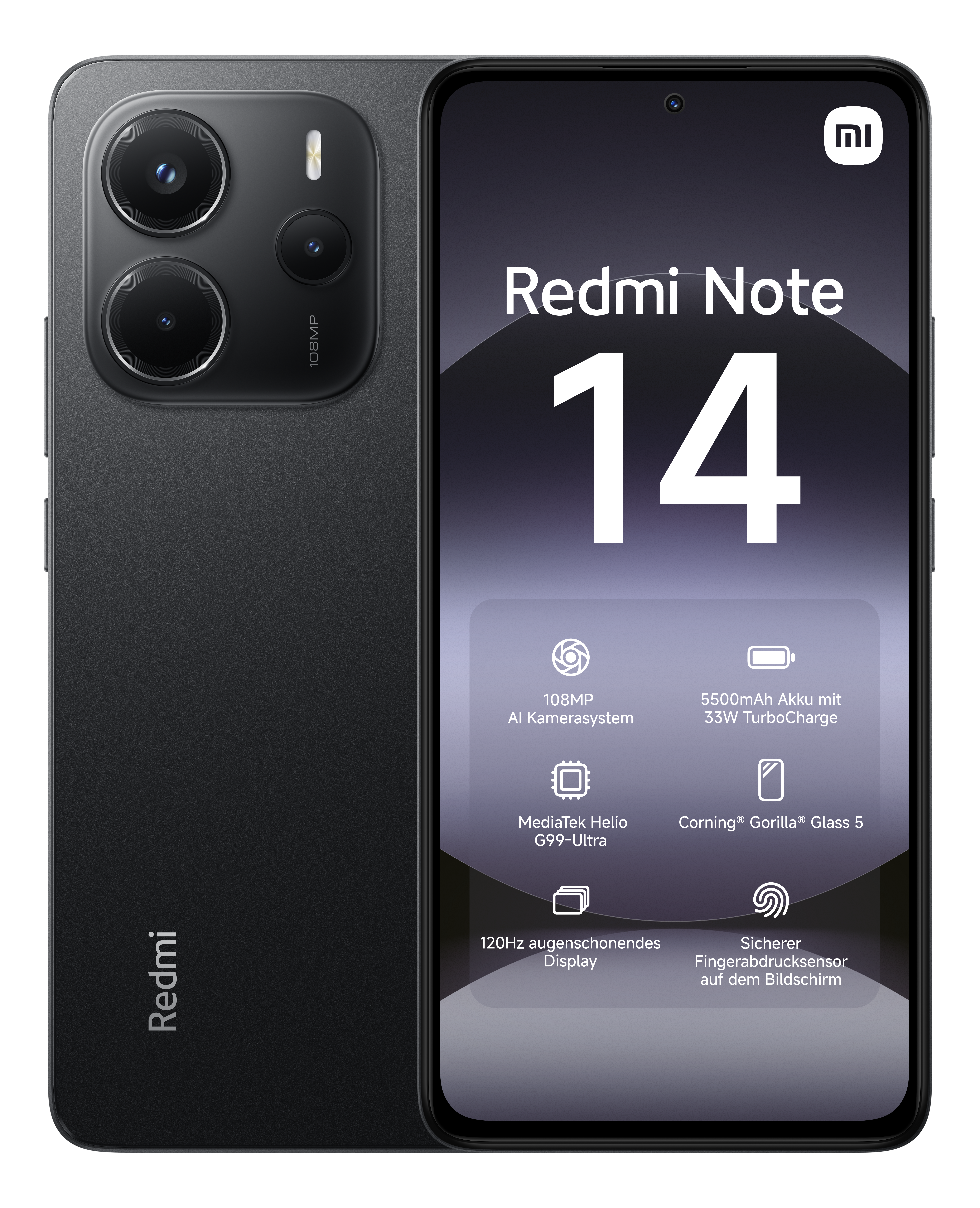 Ein schwarzes Smartphone mit dem Redmi Note 14 Logo. Es hat drei Kameras und einen Bildschirm mit Funktionen.