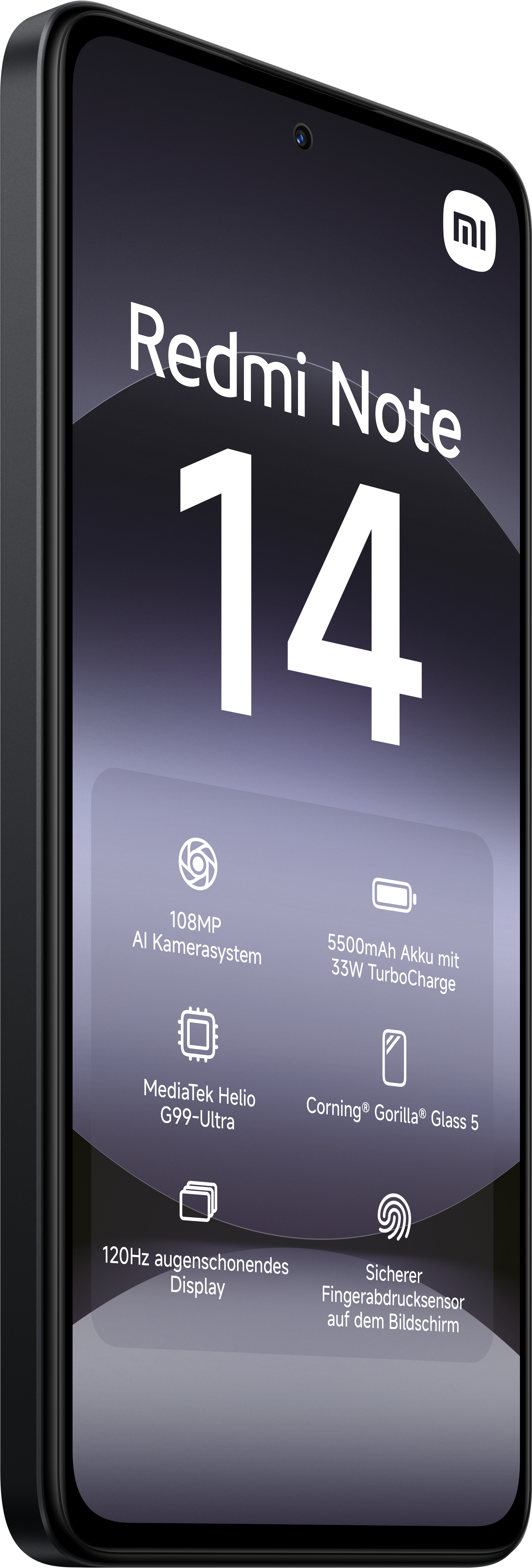 Redmi Note 14 Telefon, schwarzer Rahmen, großer Bildschirm mit Infografiken.