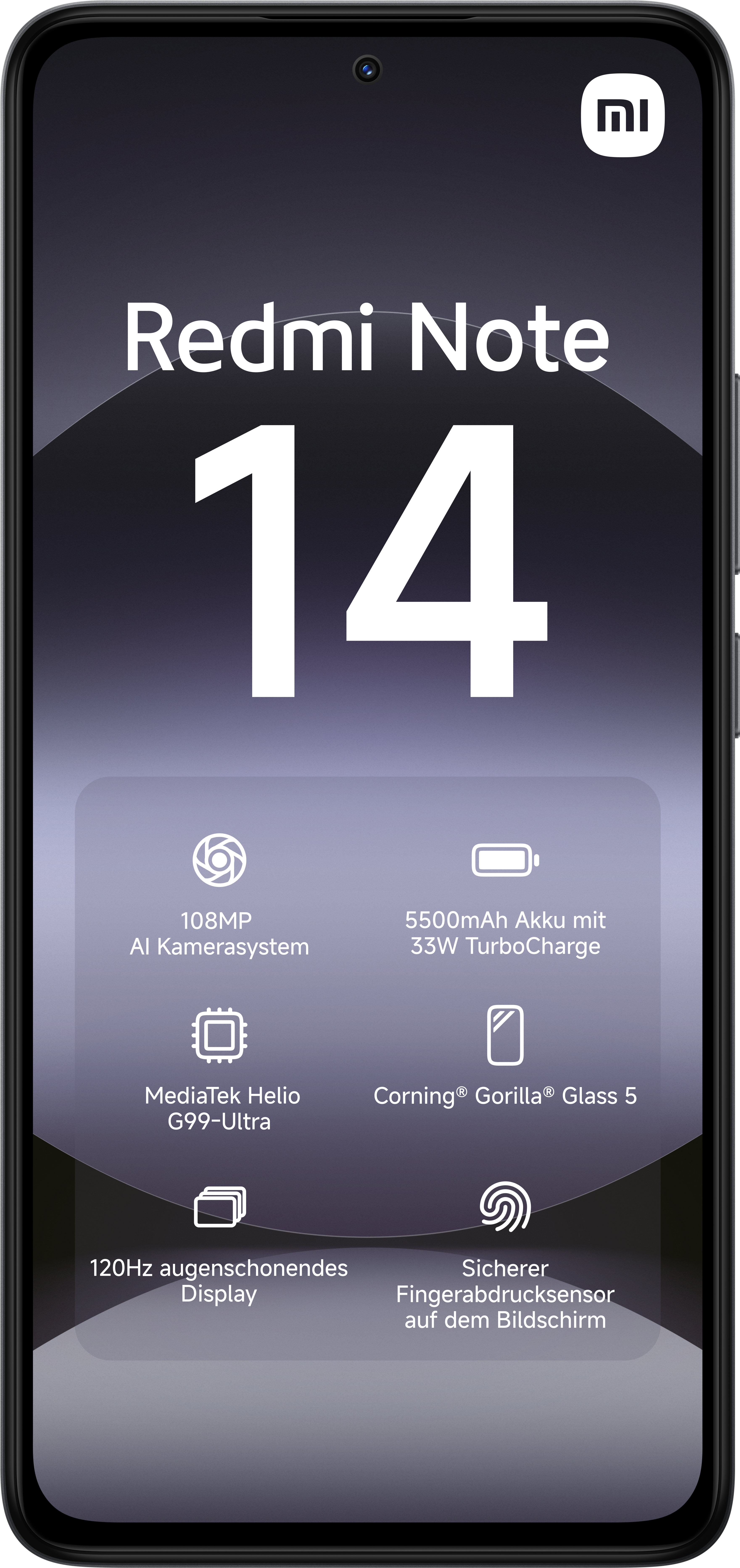Smartphone avec le texte Redmi Note 14. Détails à l'écran: caméra, batterie, processeur, protection d'écran et capteur d'empreintes.