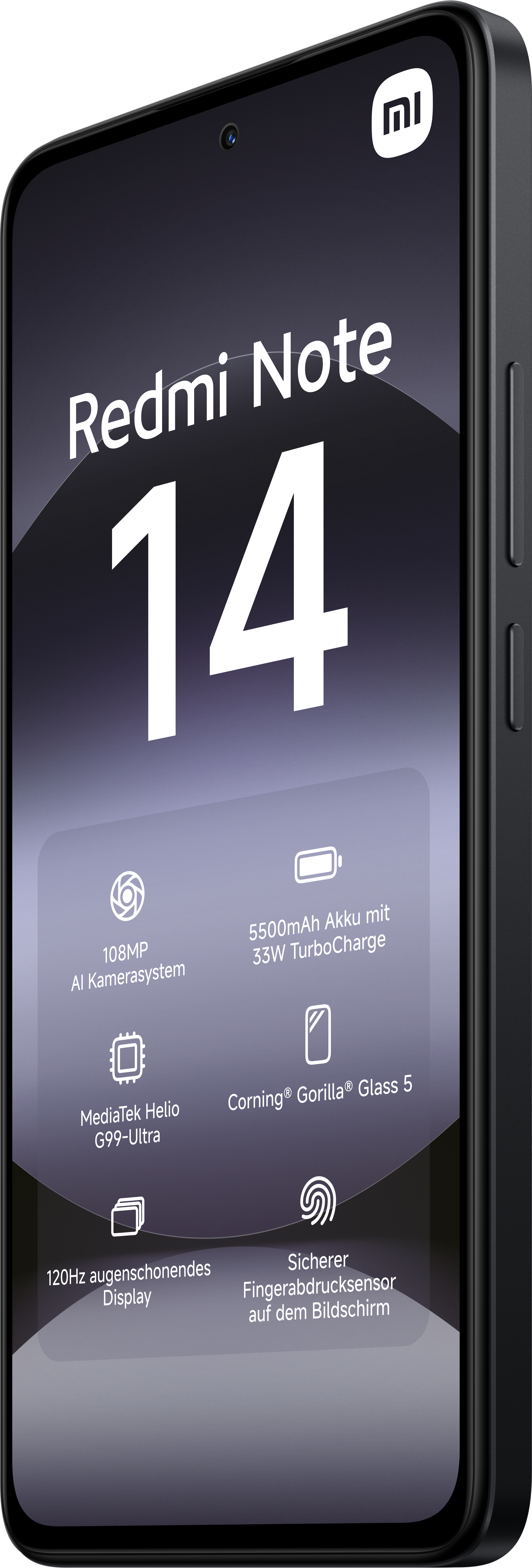 Téléphone noir Redmi Note 14 avec texte blanc. Caractéristiques : caméra 108MP, batterie 5500mAh, MediaTek Helio, Gorilla Glass 5.