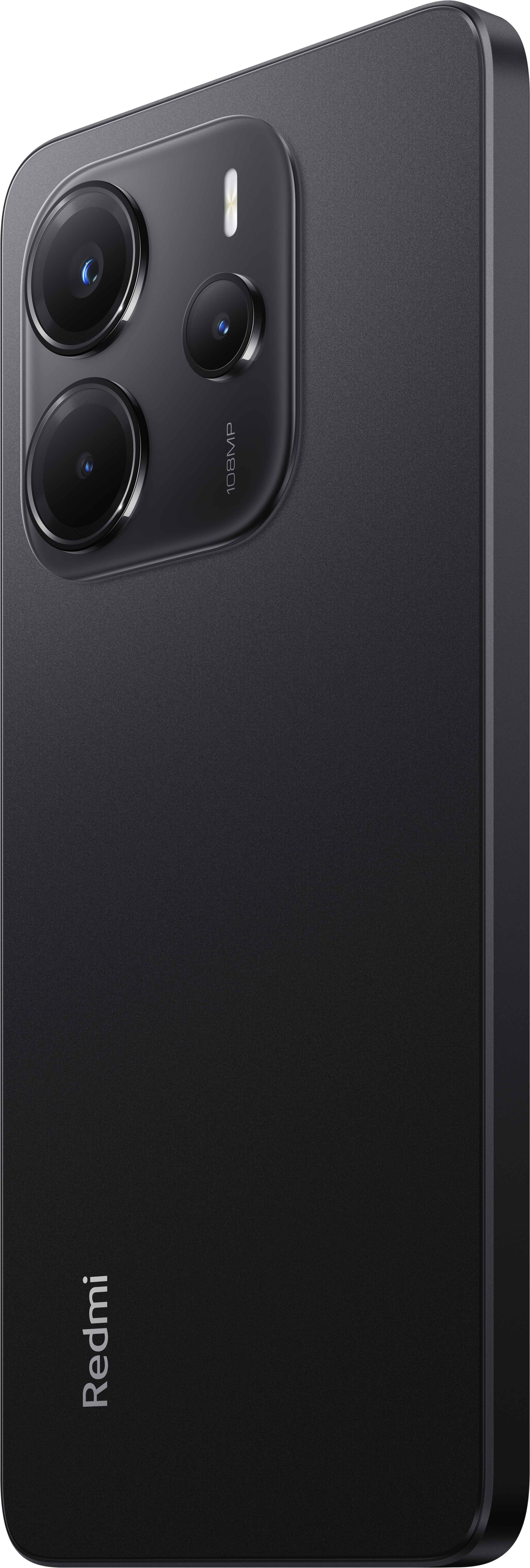 Smartphone noir avec objectifs photo. Le logo Redmi est visible. La caméra est de 108MP. Le téléphone a une finition texturée.