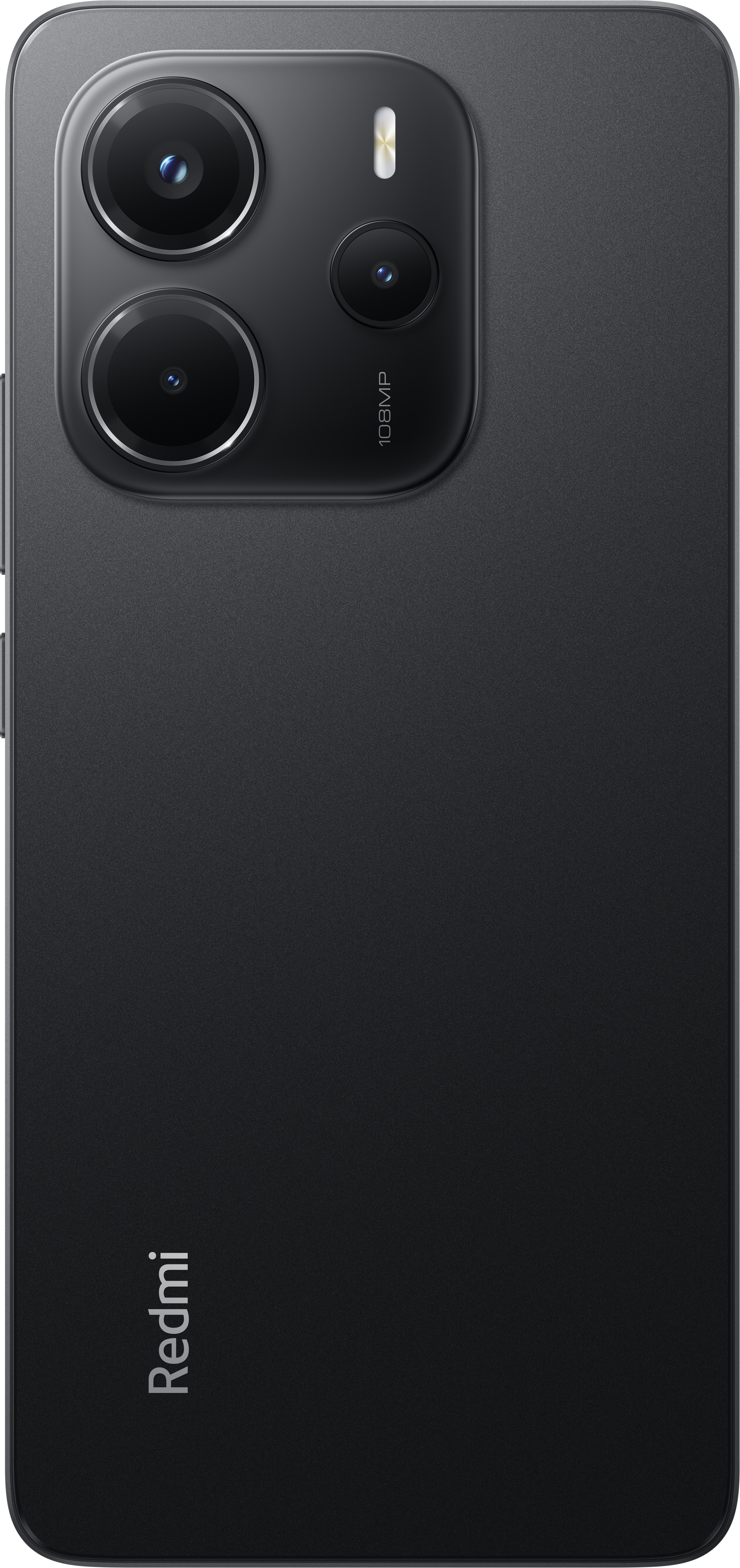 Dos de smartphone noir avec trois objectifs, un flash et le mot Redmi. Les objectifs sont disposés verticalement.