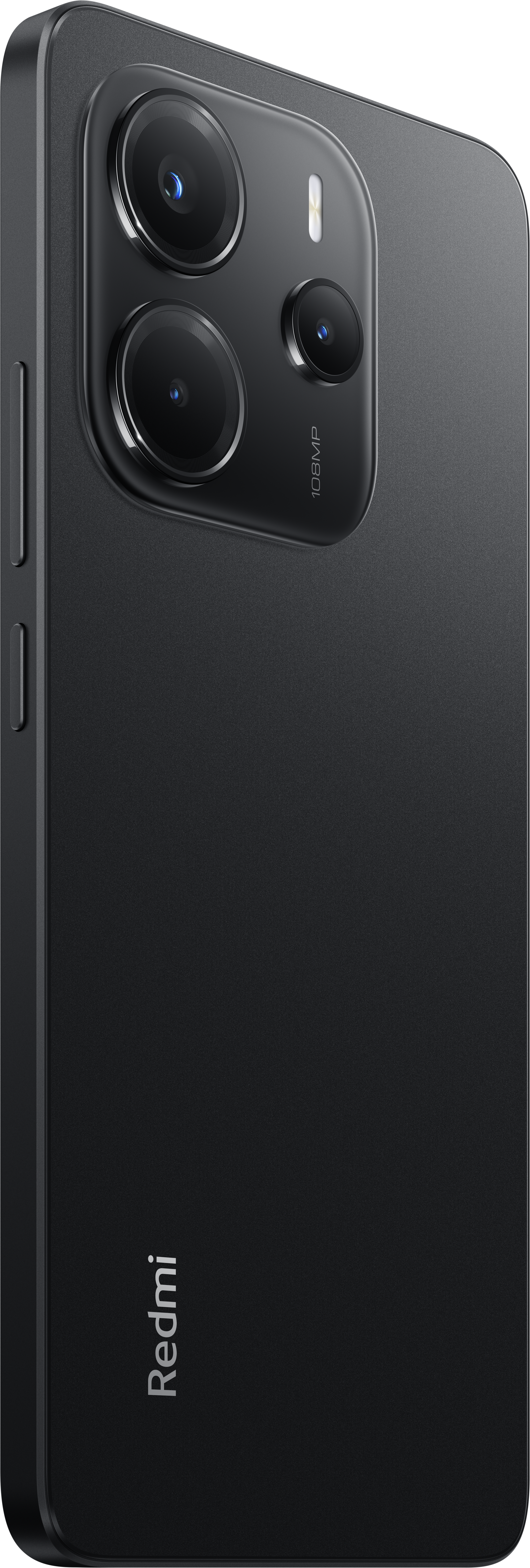 Dos de smartphone noir avec lentilles de caméra, étiquette 108MP et logo Redmi. Boutons latéraux.