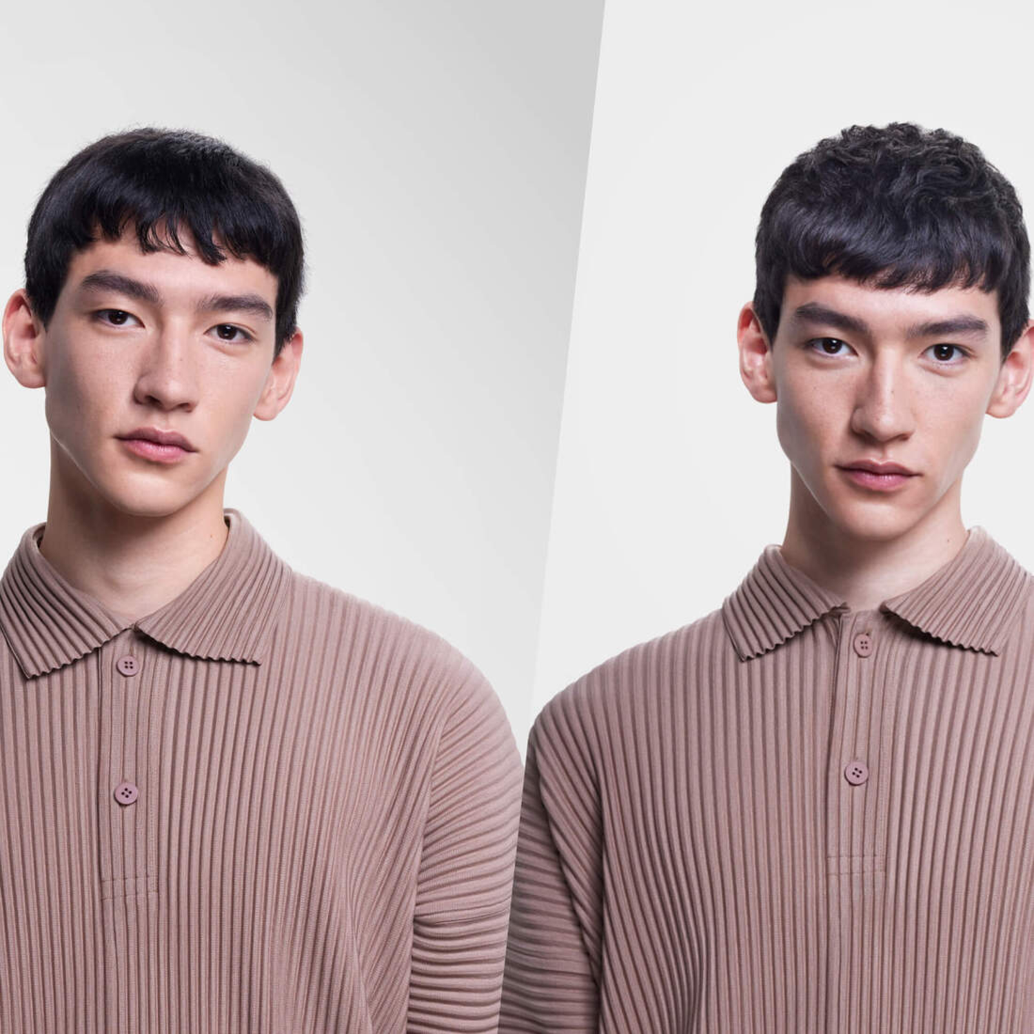 Twee mannen met beige poloshirts, elk met een ander kapsel.