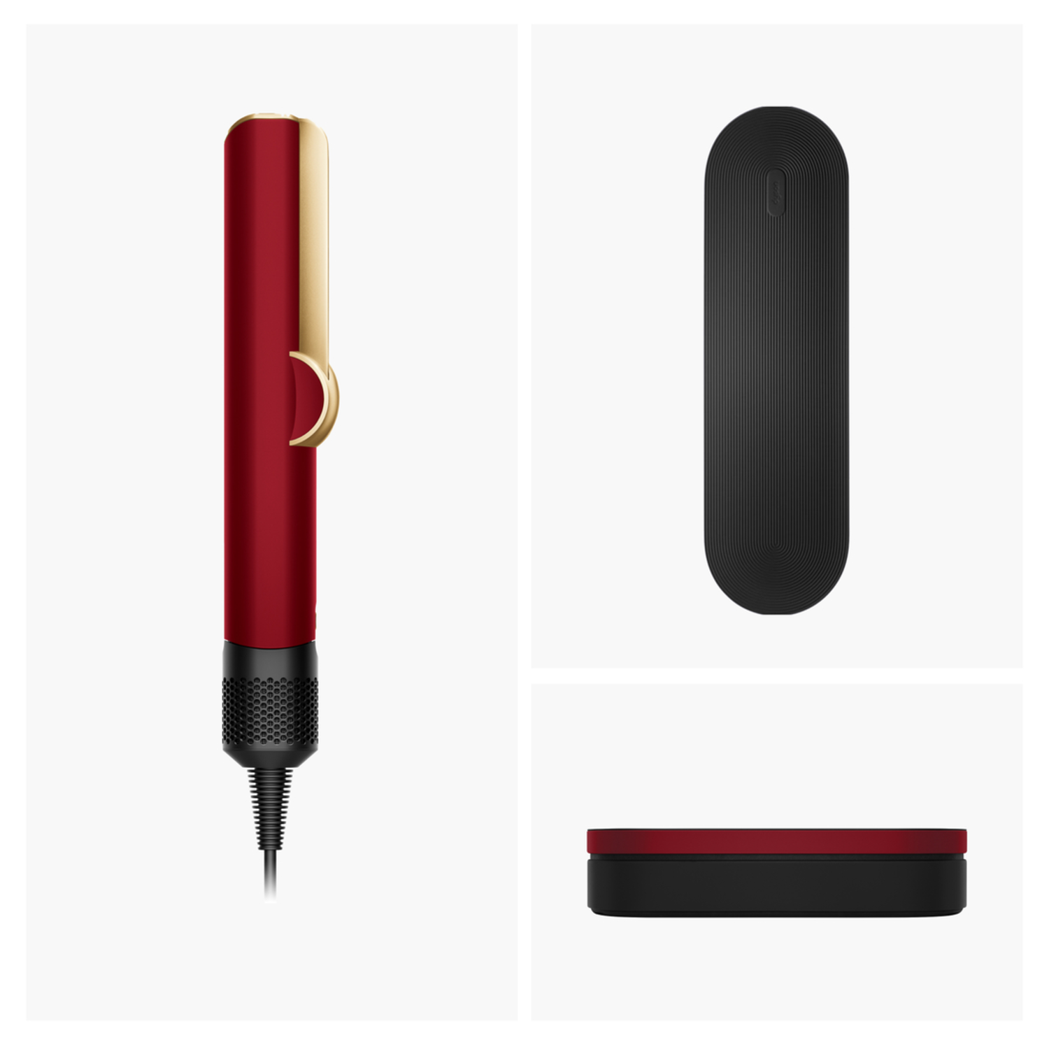 Drie aanzichten van een rood en goudkleurig haarstylingtool en zwarte hoes.