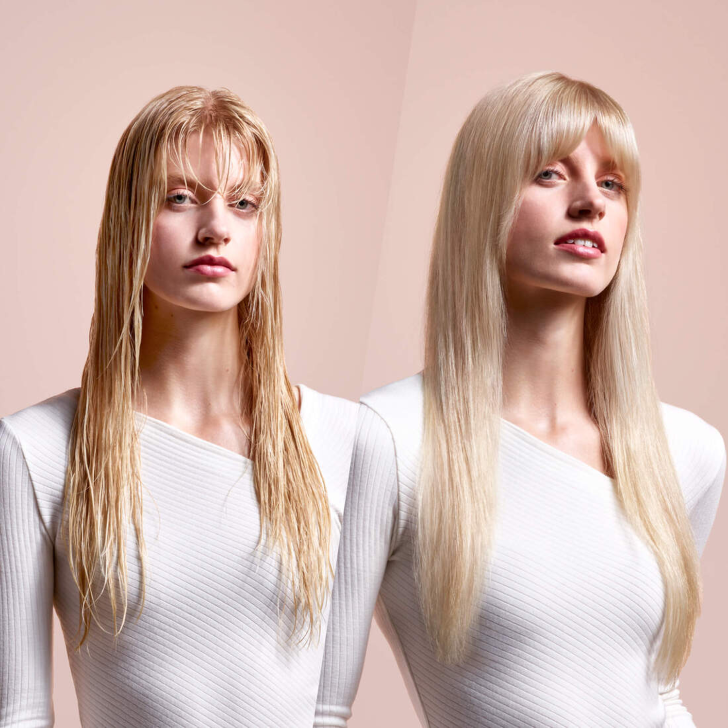 Blonde vrouw, nat haar links, droog haar rechts, zelfde witte top.