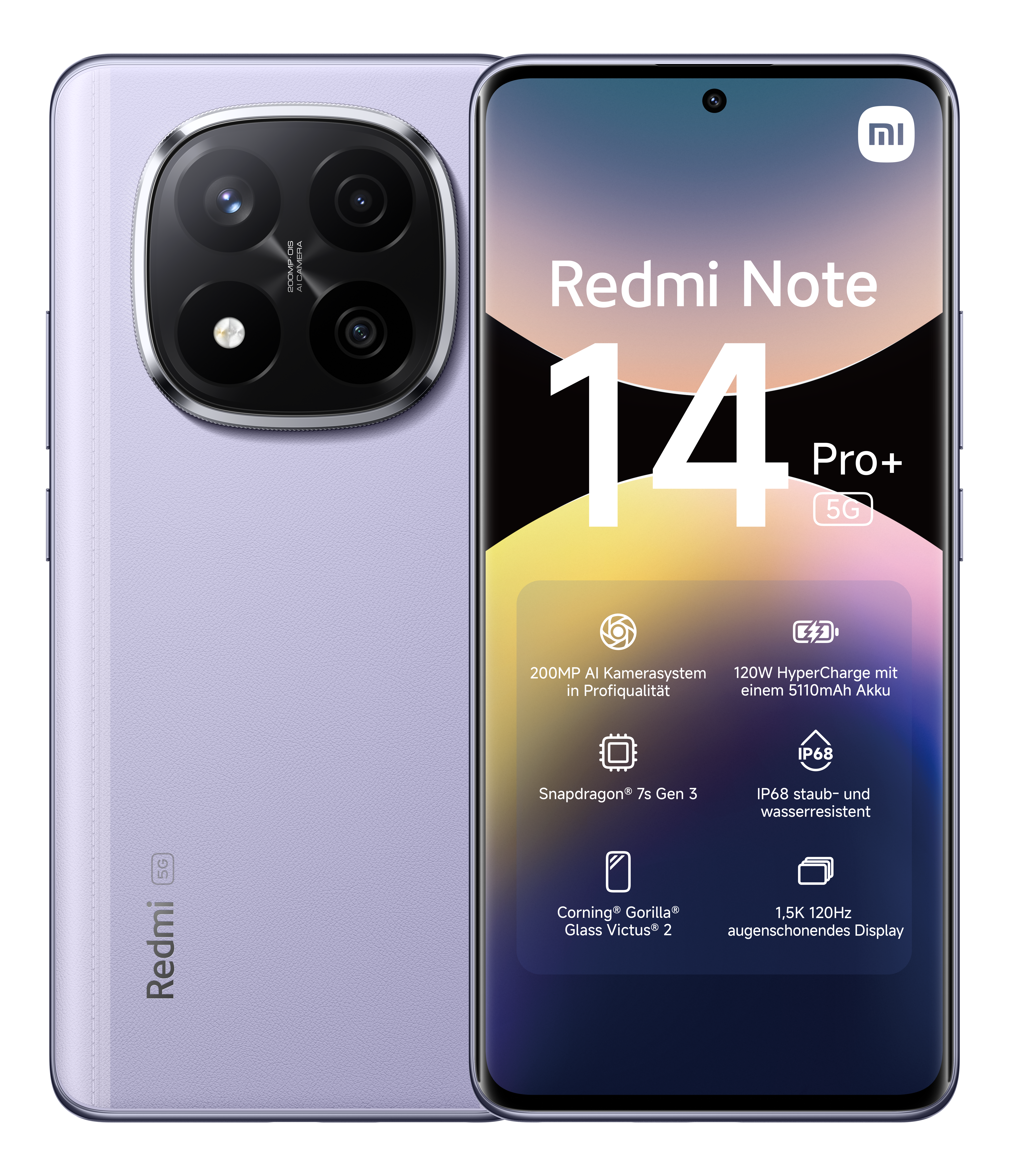 Un téléphone violet Redmi Note 14 Pro+ 5G. Il possède un grand module caméra et un écran. Comprend un appareil photo IA 200MP.